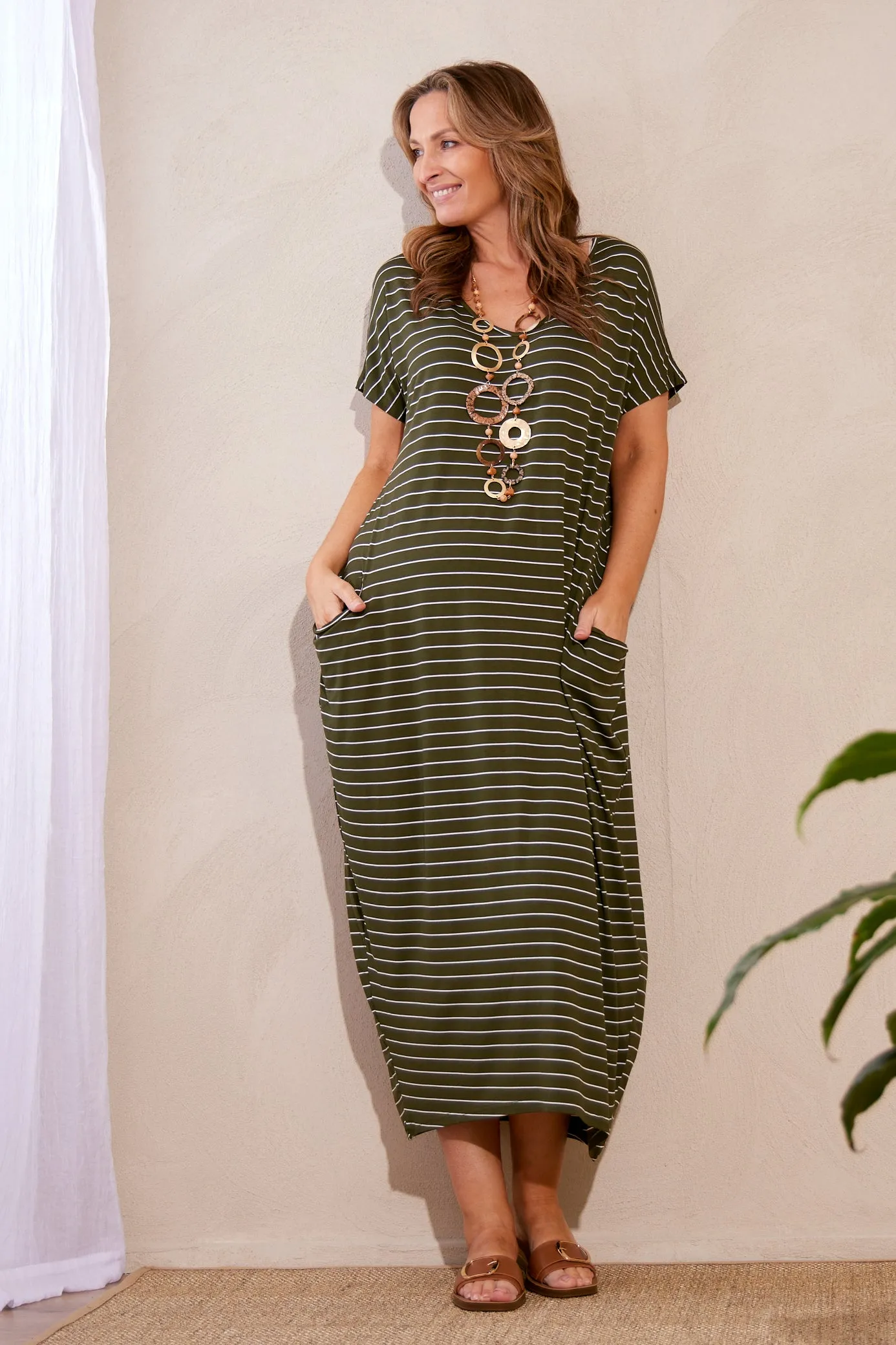 Rowan Maxi Dress - Khaki Stripe