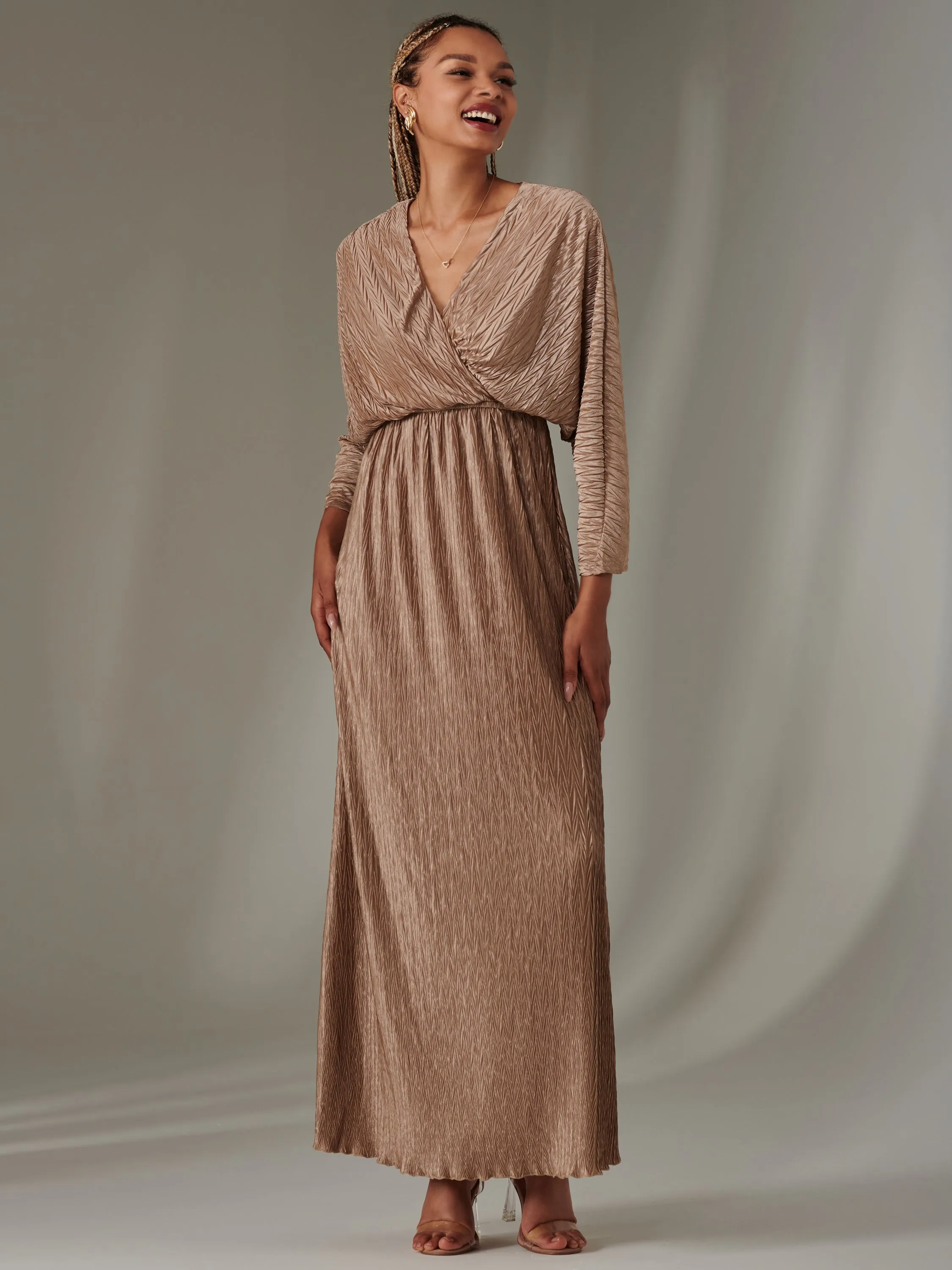 Ruffle Hem Textured Jersey Maxi Dress, Bronze