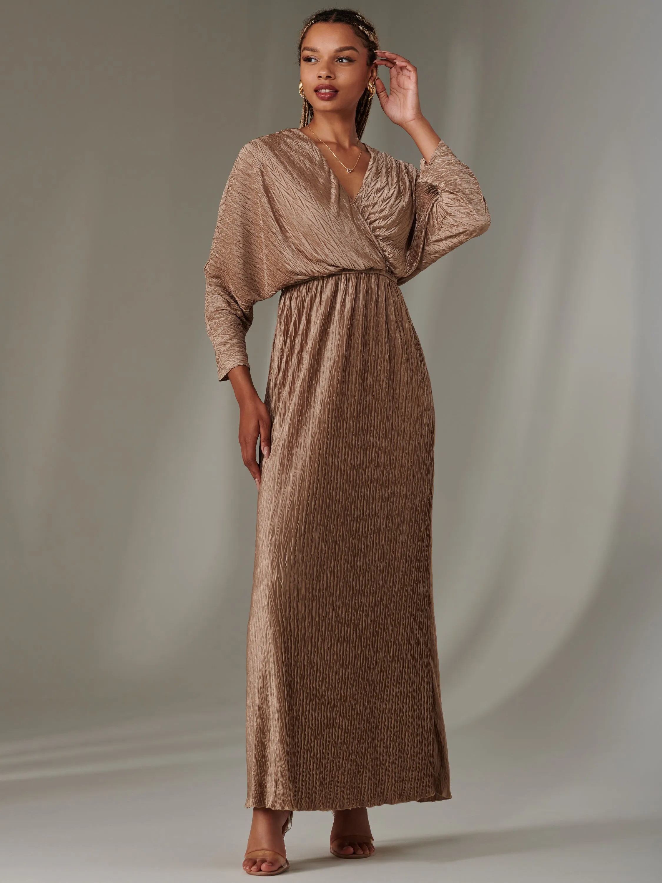 Ruffle Hem Textured Jersey Maxi Dress, Bronze