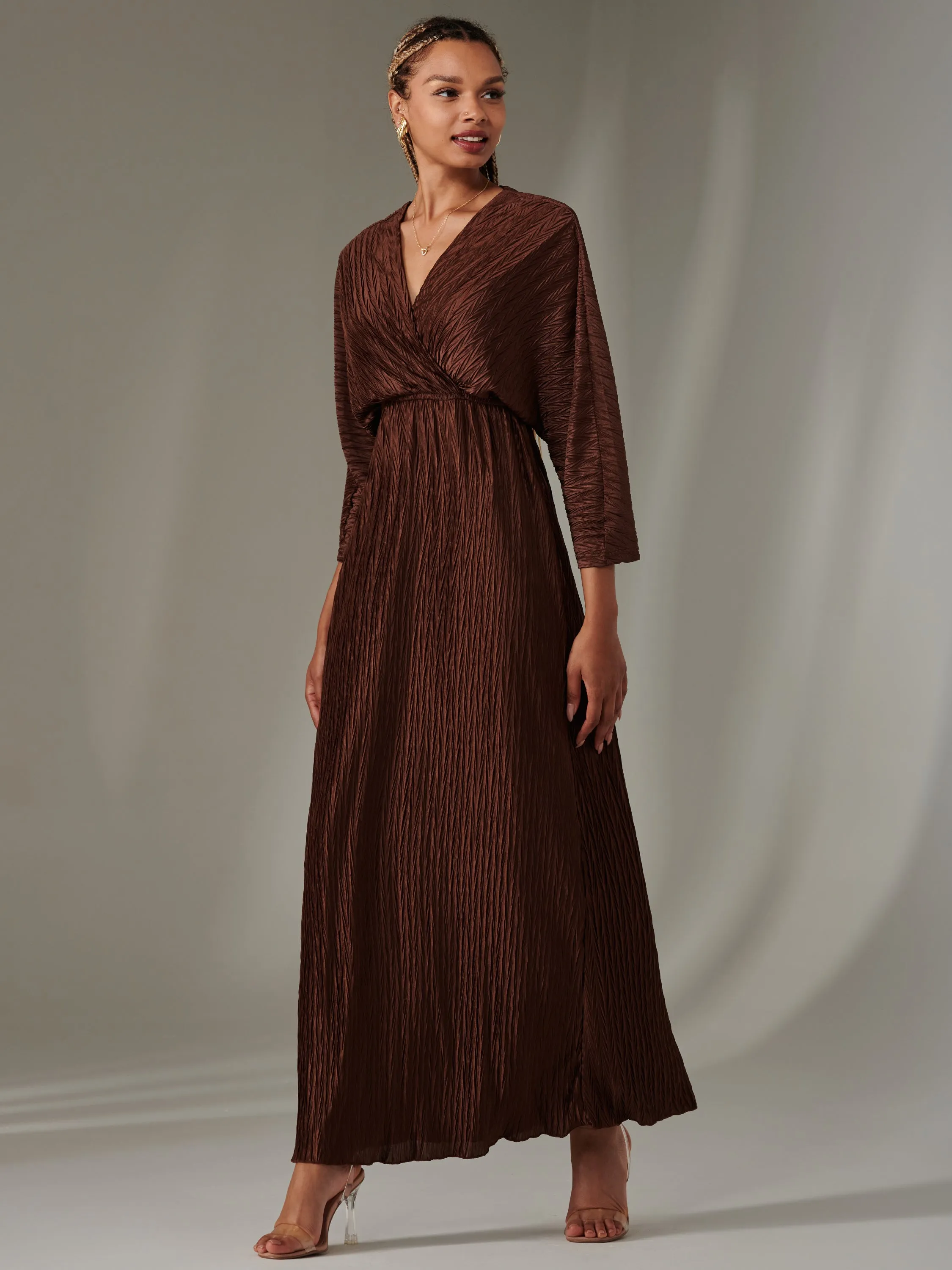 Ruffle Hem Textured Jersey Maxi Dress, Chocolate