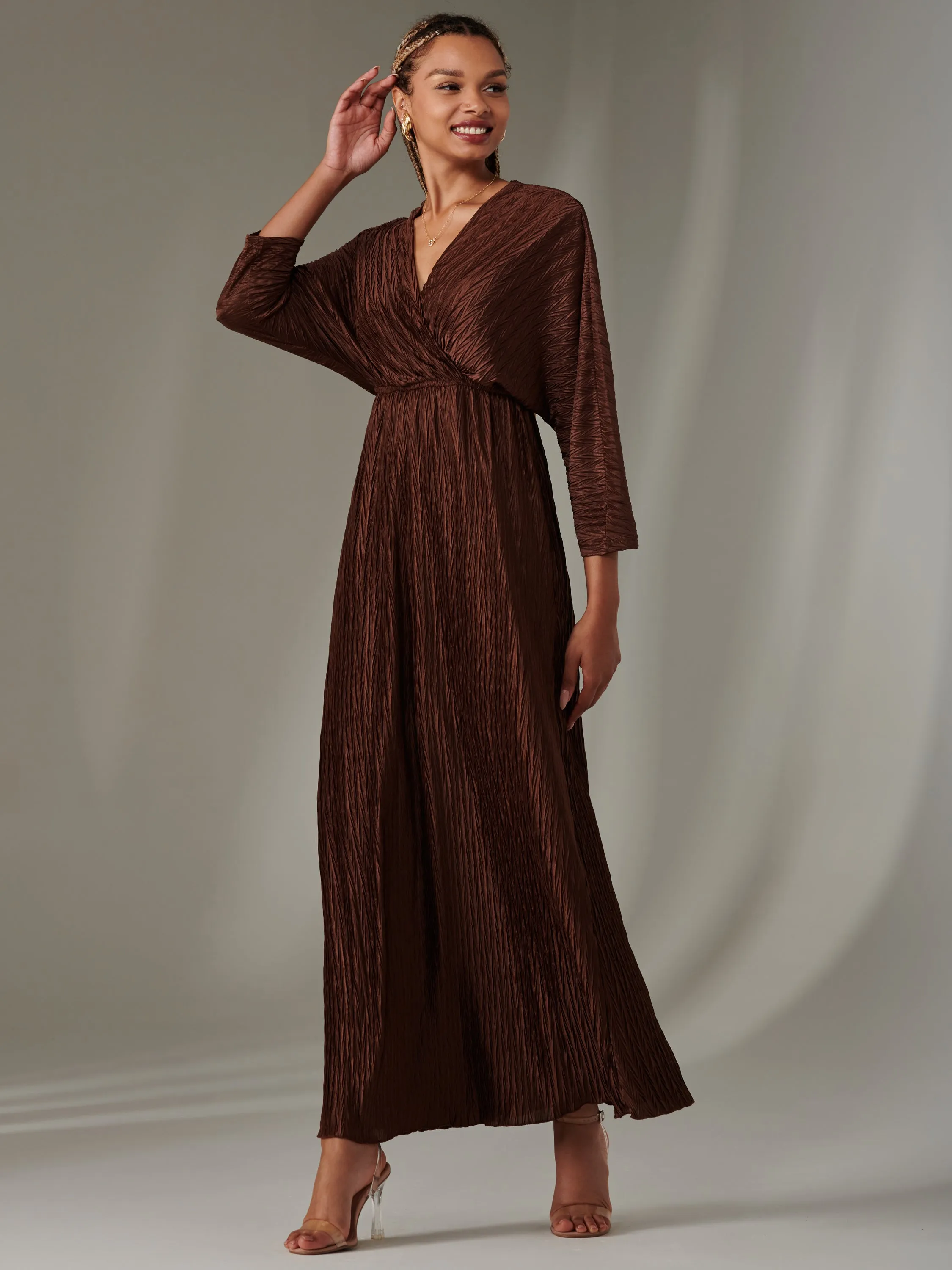 Ruffle Hem Textured Jersey Maxi Dress, Chocolate