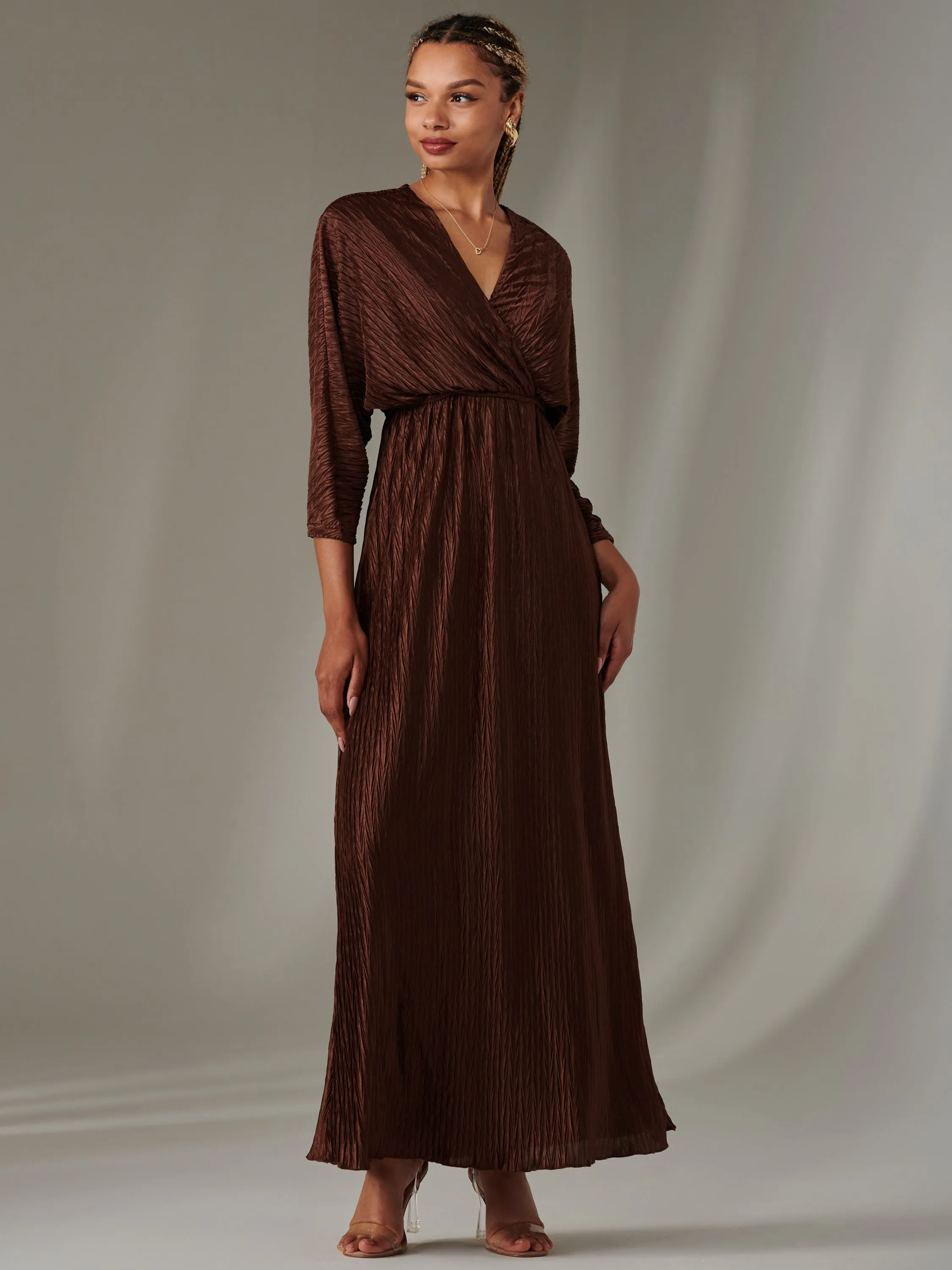 Ruffle Hem Textured Jersey Maxi Dress, Chocolate