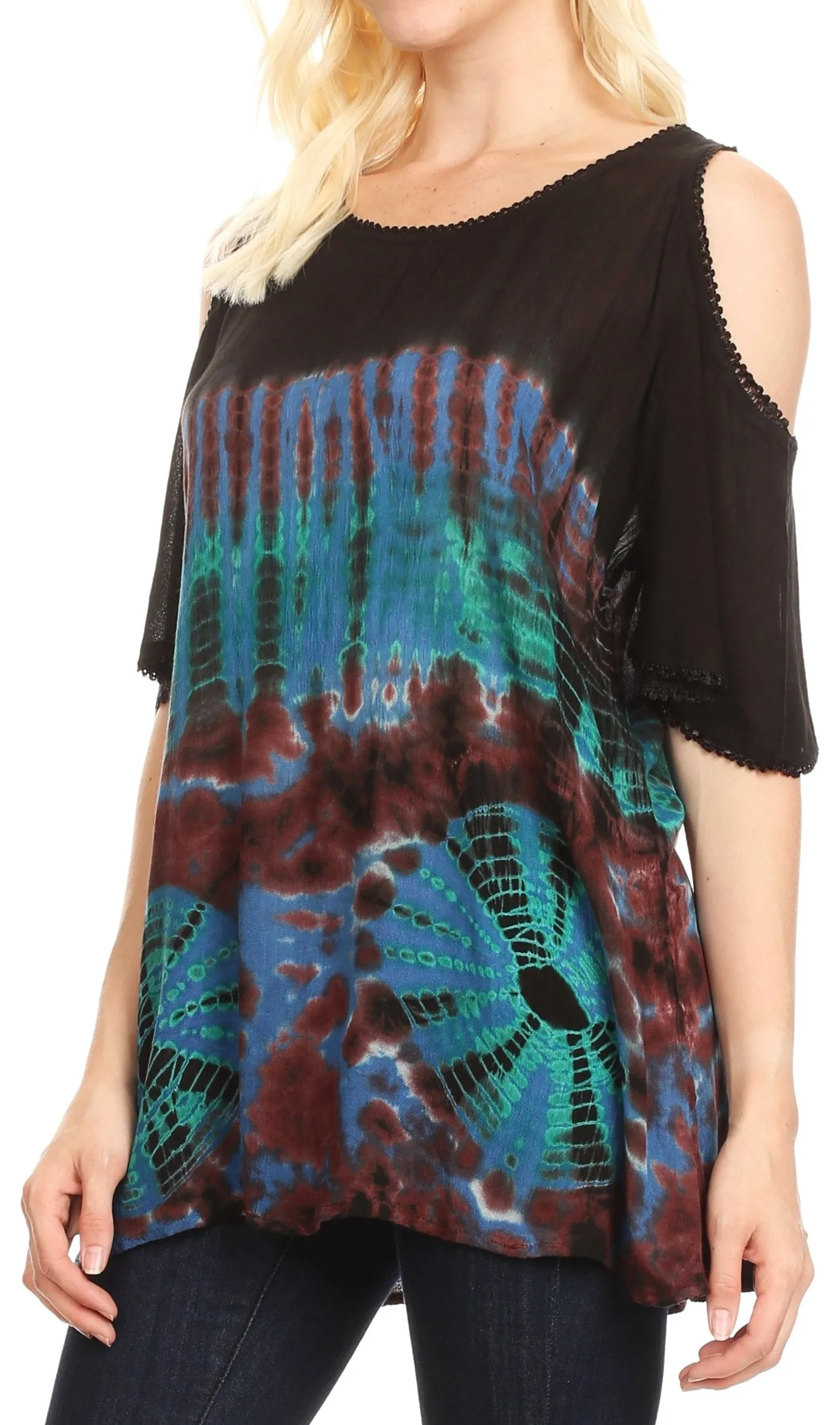 Sakkas Luz Womens Cold Shoulder Bohemian Ethnic Style Blouse Top Tie Dye Flare