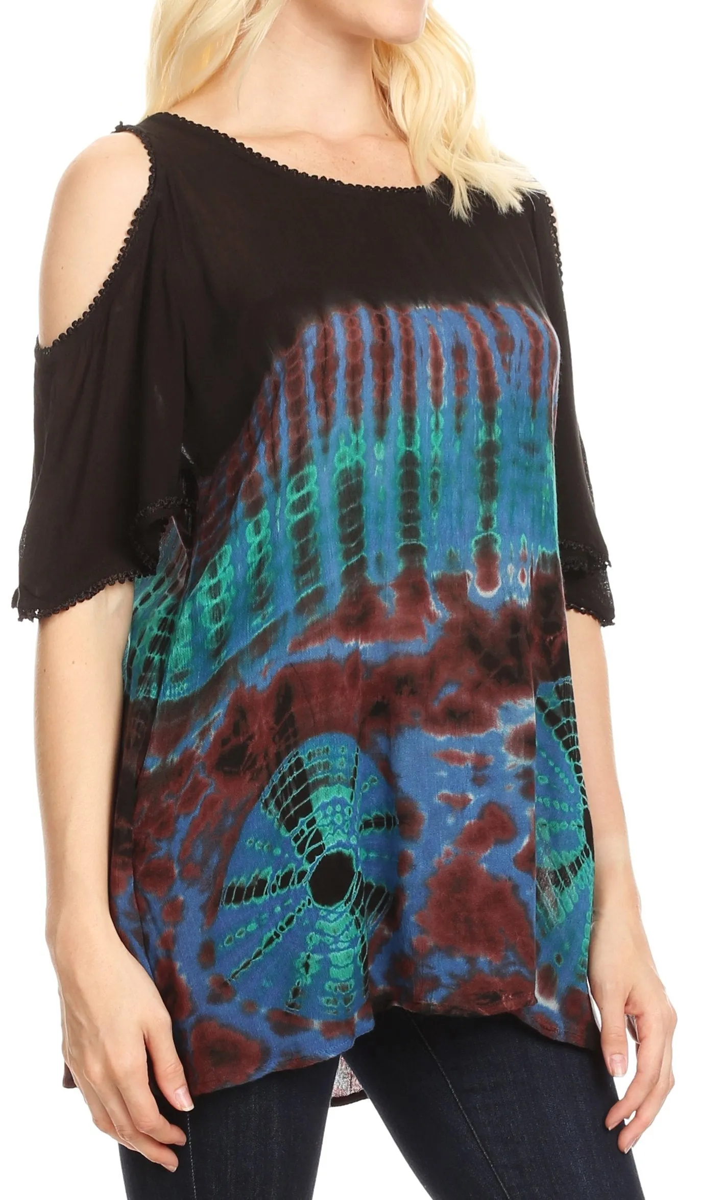 Sakkas Luz Womens Cold Shoulder Bohemian Ethnic Style Blouse Top Tie Dye Flare