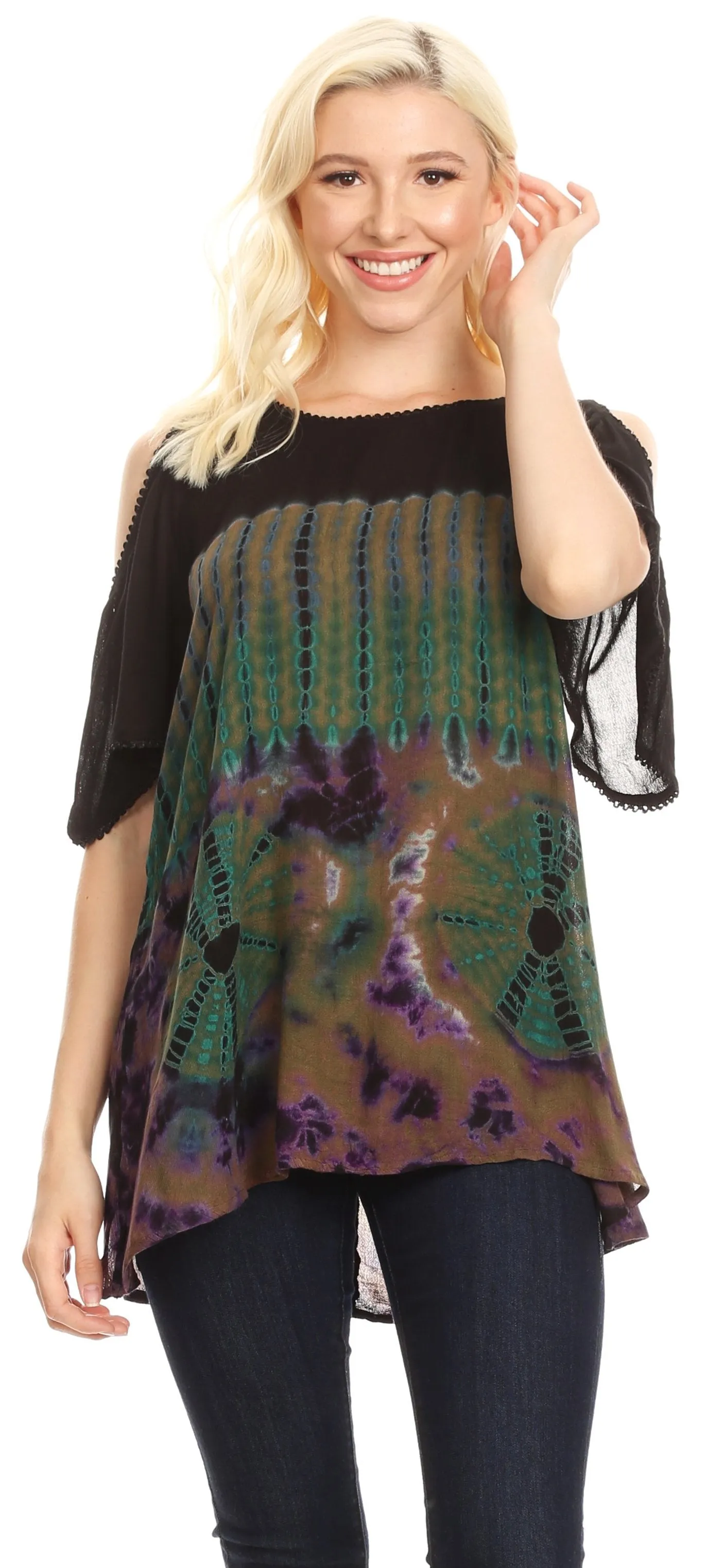 Sakkas Luz Womens Cold Shoulder Bohemian Ethnic Style Blouse Top Tie Dye Flare