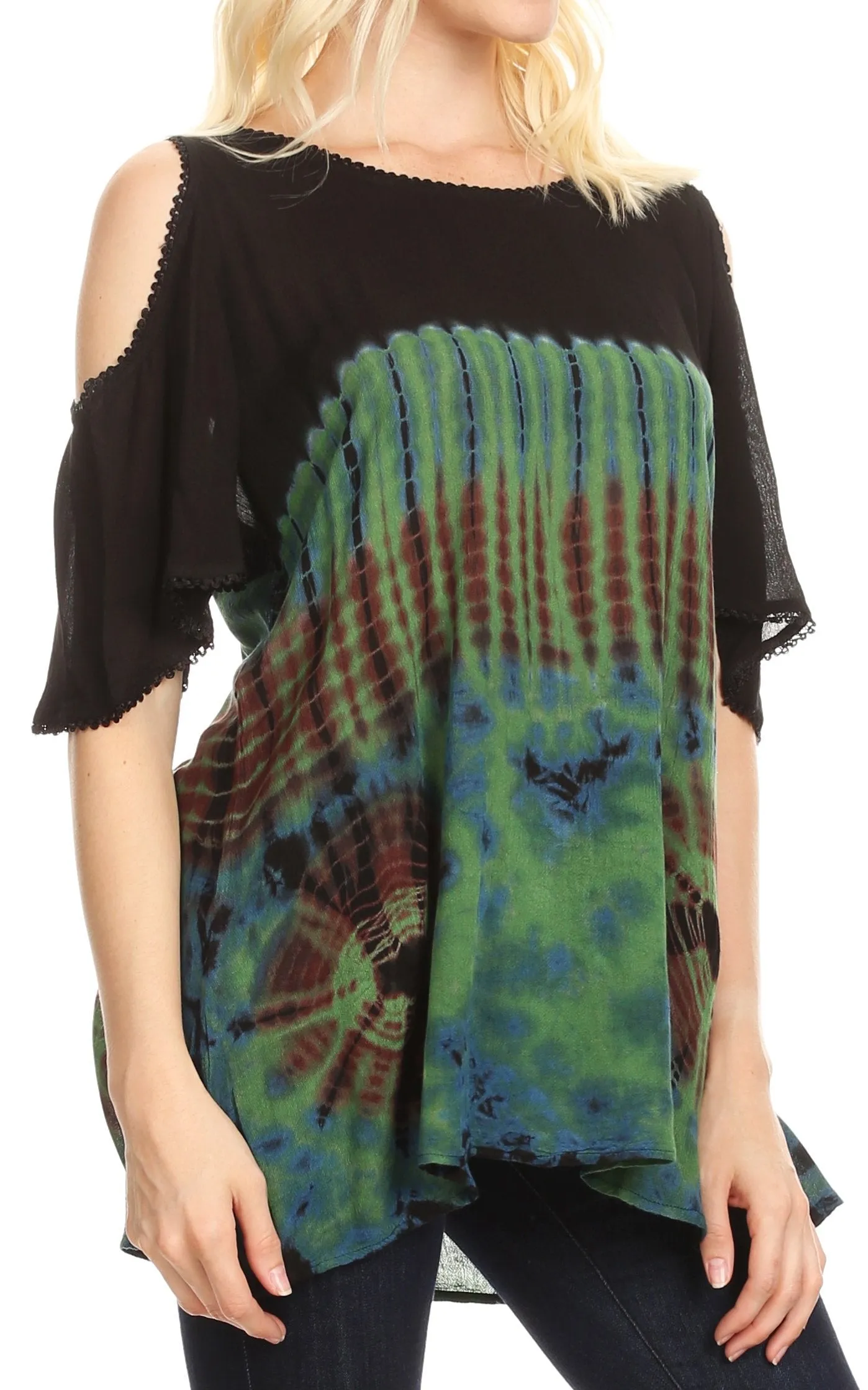 Sakkas Luz Womens Cold Shoulder Bohemian Ethnic Style Blouse Top Tie Dye Flare