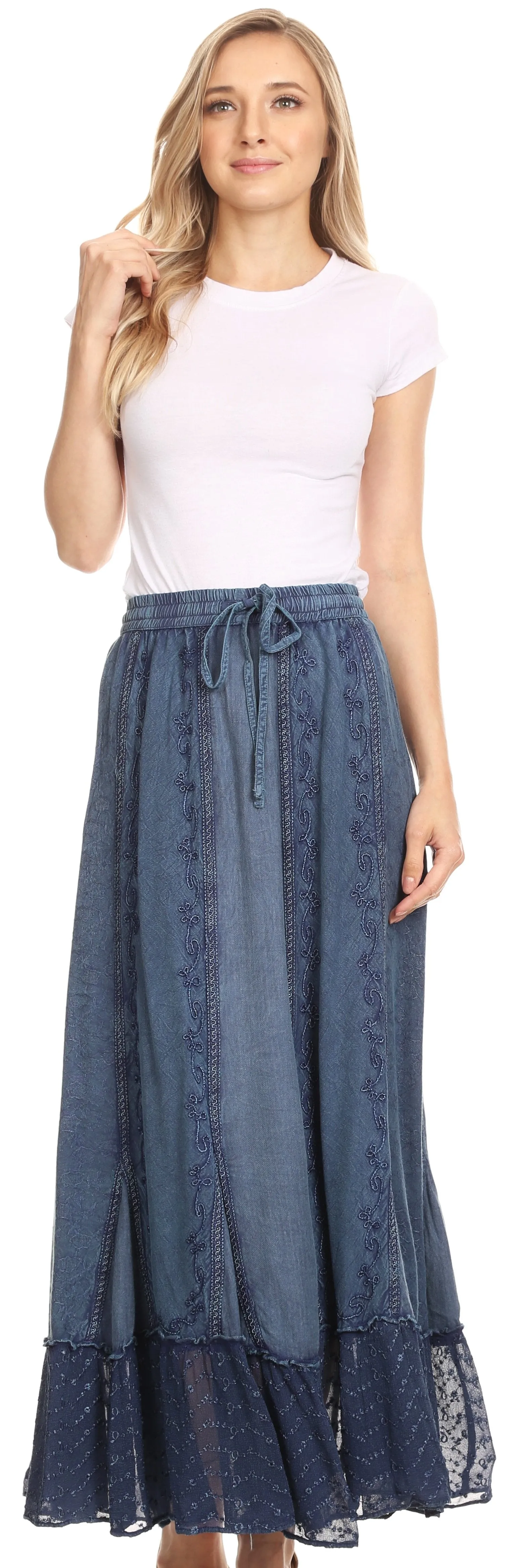 Sakkas Monica Womens Gypsy Bohemian Long Maxi Skirt with Elastic Waist and Lace