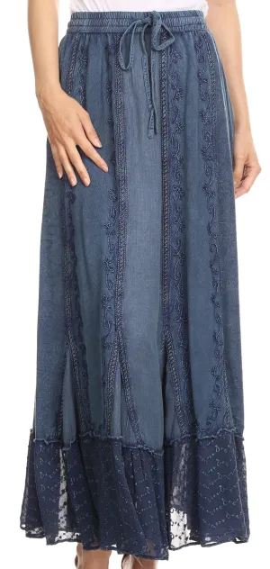 Sakkas Monica Womens Gypsy Bohemian Long Maxi Skirt with Elastic Waist and Lace