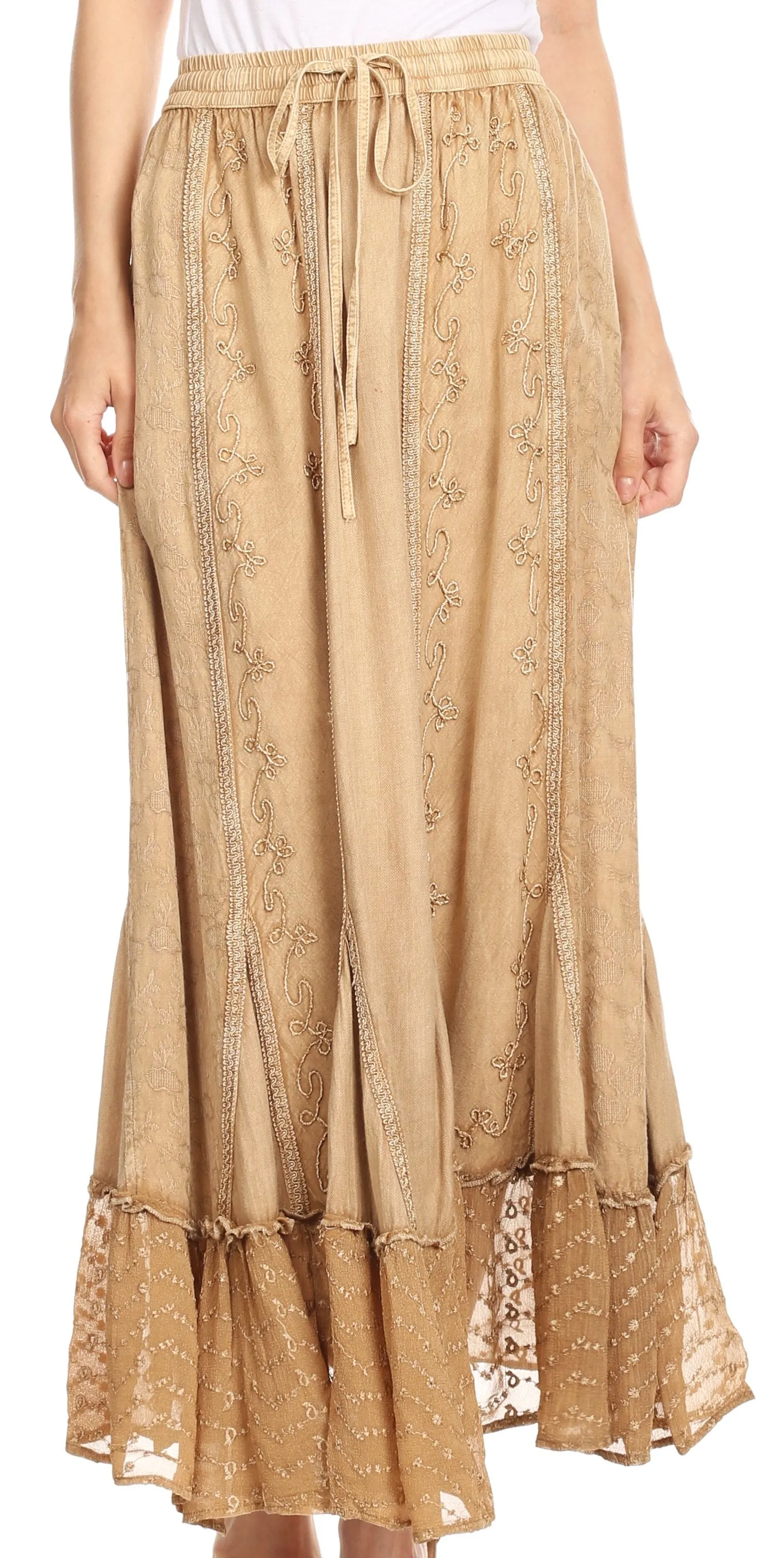 Sakkas Monica Womens Gypsy Bohemian Long Maxi Skirt with Elastic Waist and Lace