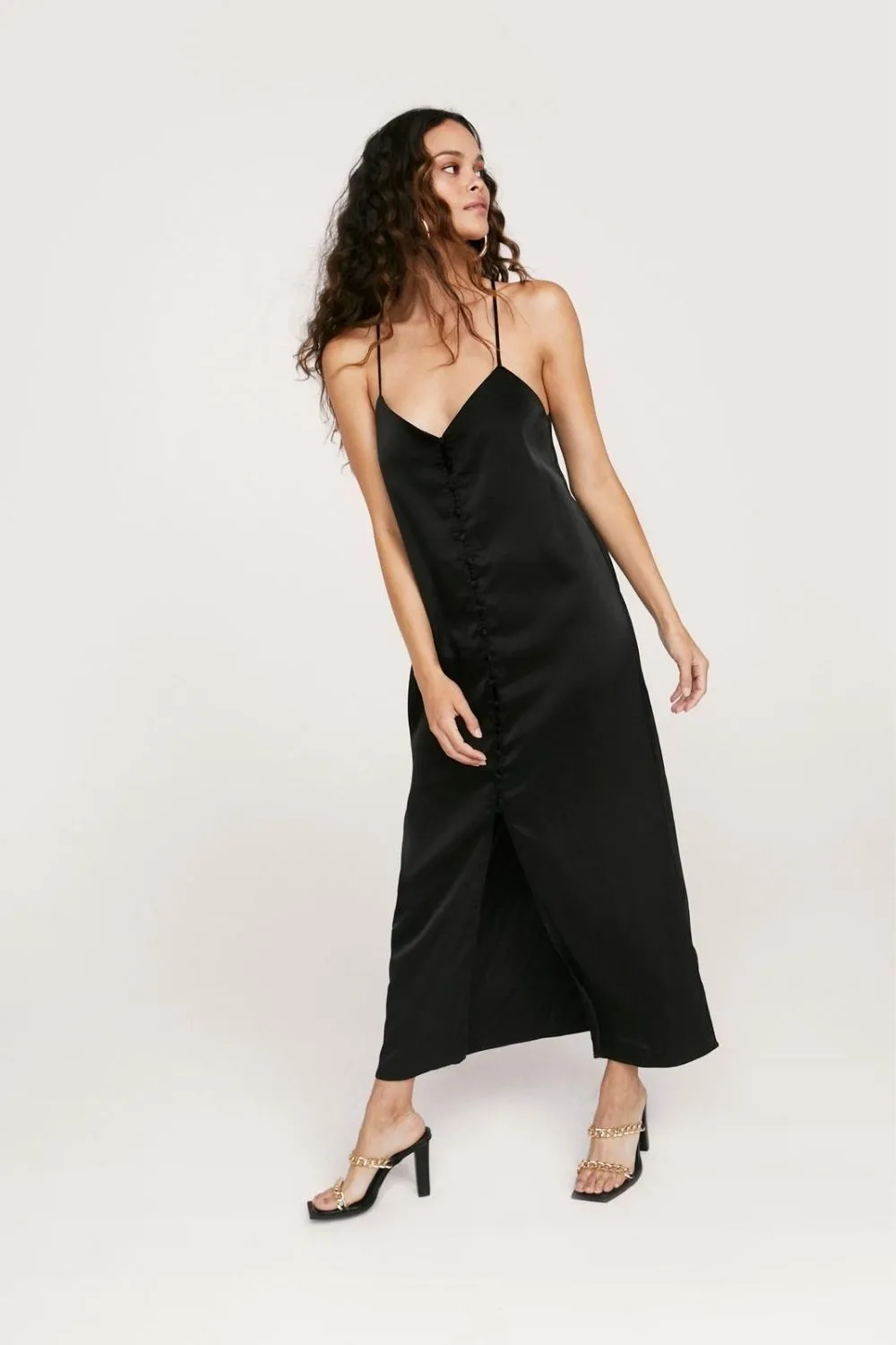 Satin cami button down maxi dress