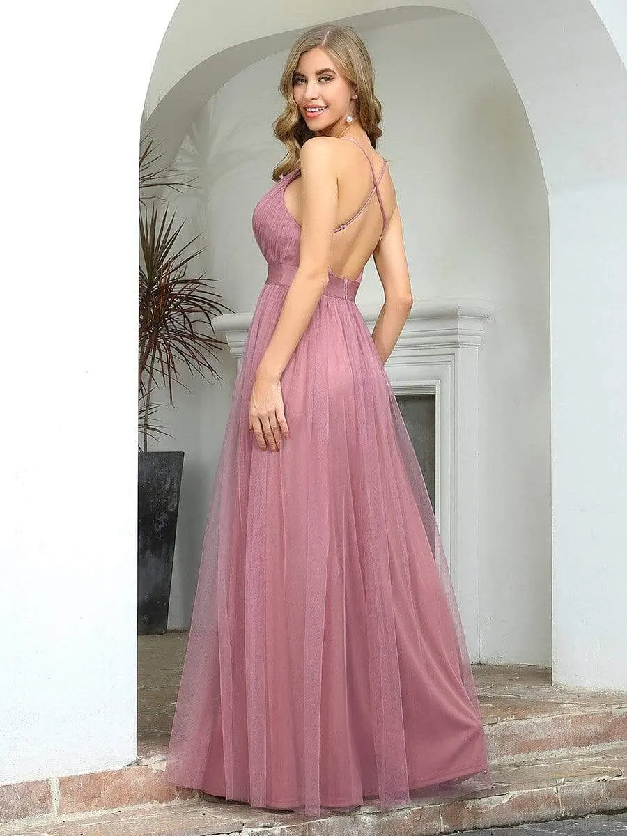 Sexy V-neck Open Back Pleated Maxi Tulle Evening Dresses