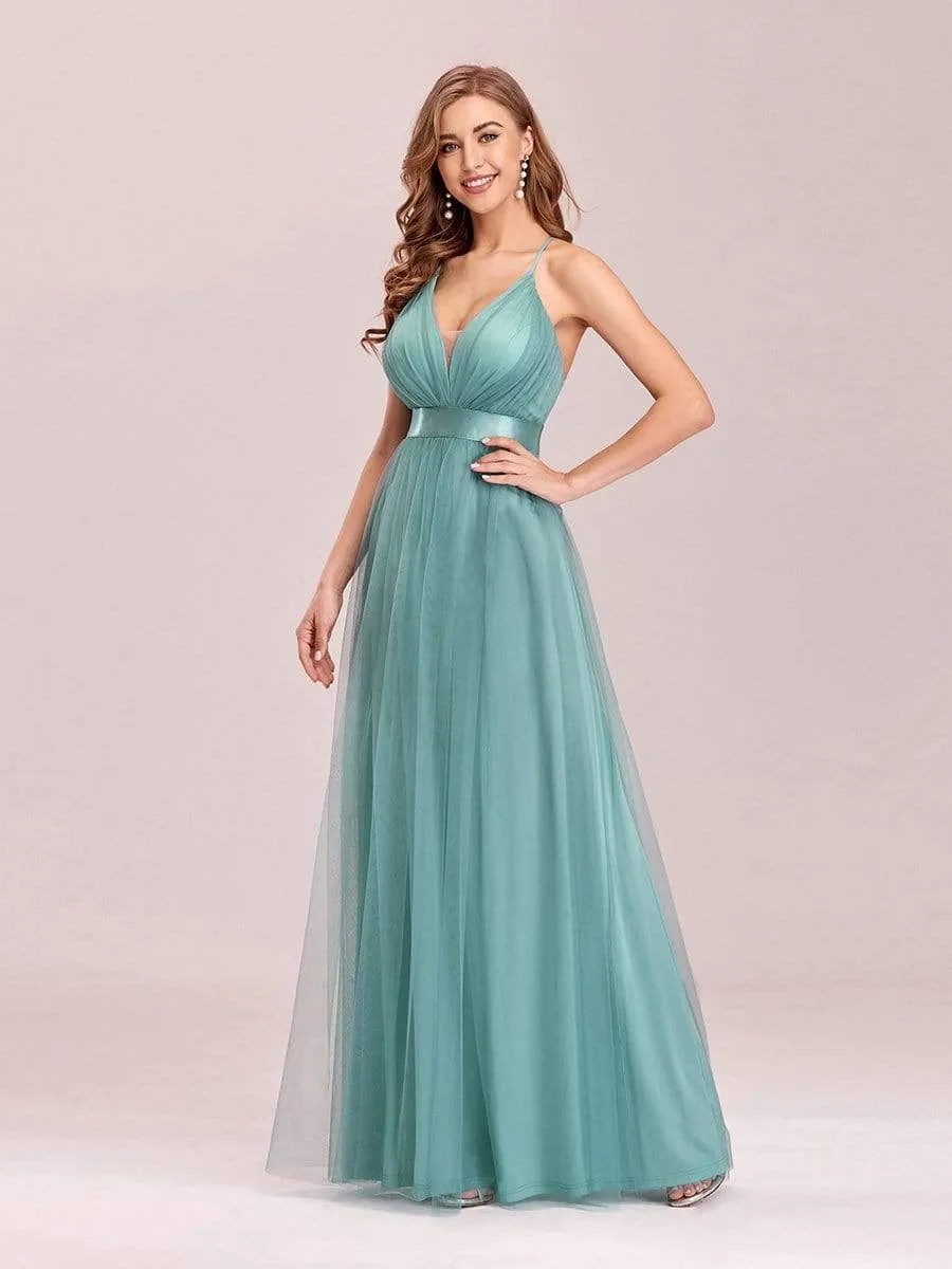 Sexy V-neck Open Back Pleated Maxi Tulle Evening Dresses