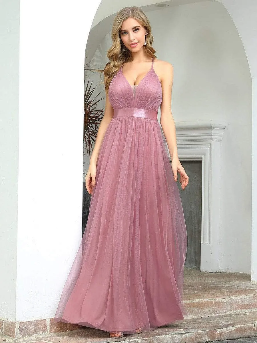 Sexy V-neck Open Back Pleated Maxi Tulle Evening Dresses