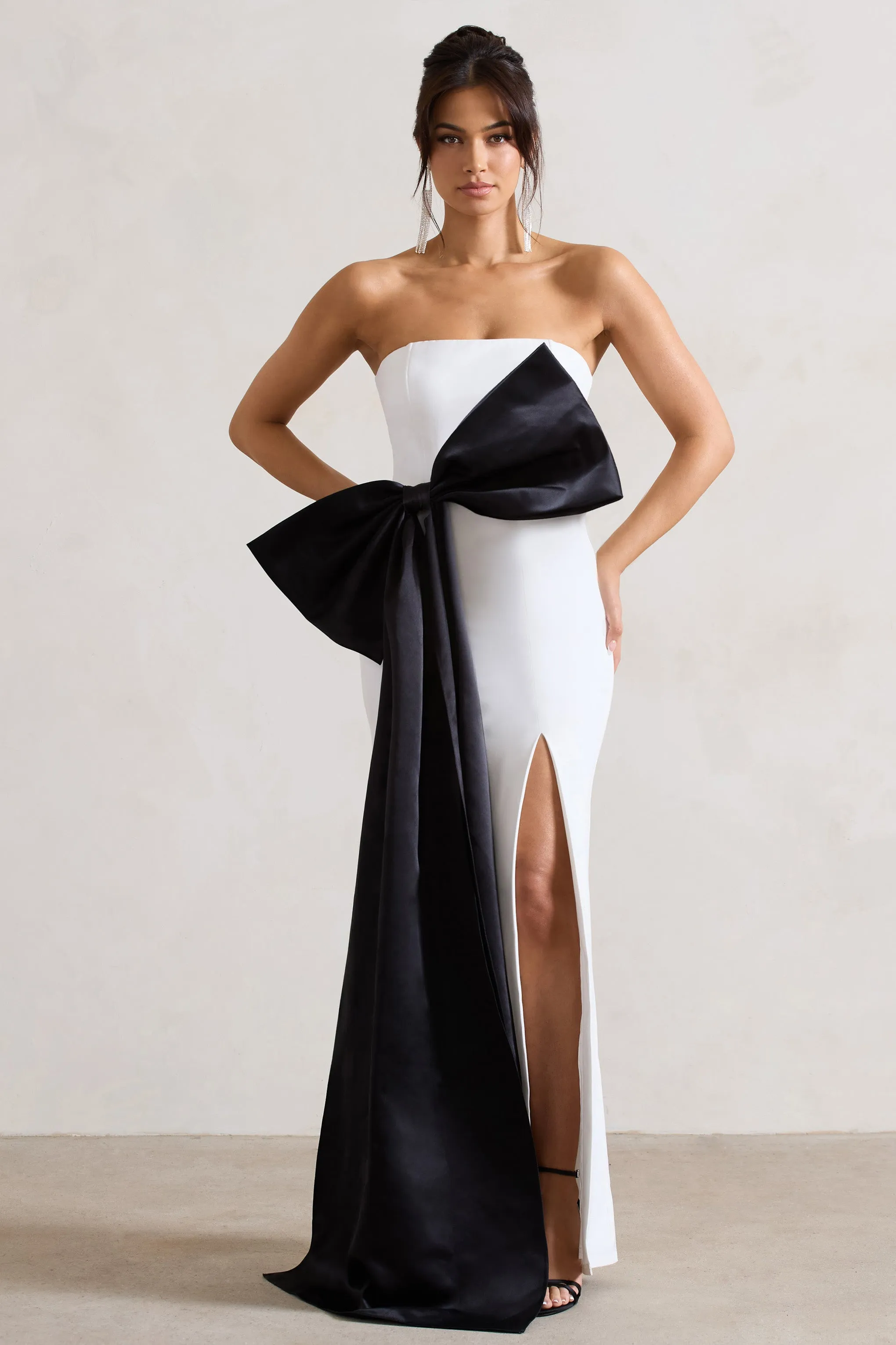 Sincerely | White Bandeau Split Maxi Dress With Oversized Black Bow