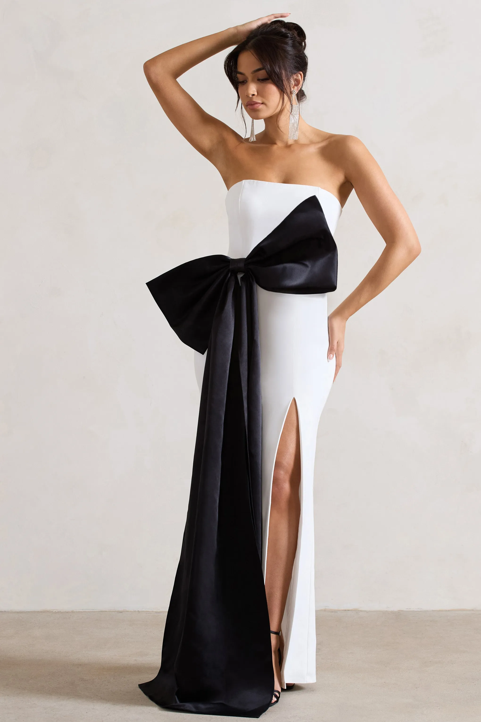 Sincerely | White Bandeau Split Maxi Dress With Oversized Black Bow