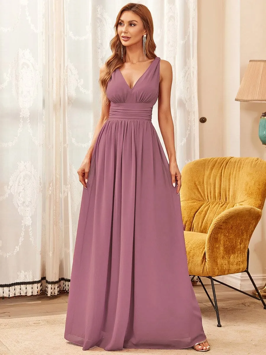 Sleeveless V-Neck Plain Maxi Chiffon Bridesmaid Dress