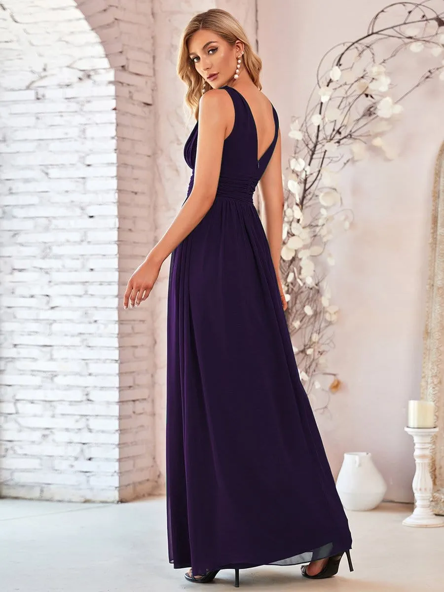 Sleeveless V-Neck Plain Maxi Chiffon Bridesmaid Dress