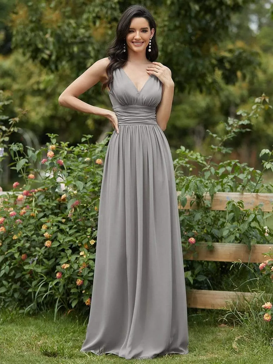 Sleeveless V-Neck Plain Maxi Chiffon Bridesmaid Dress