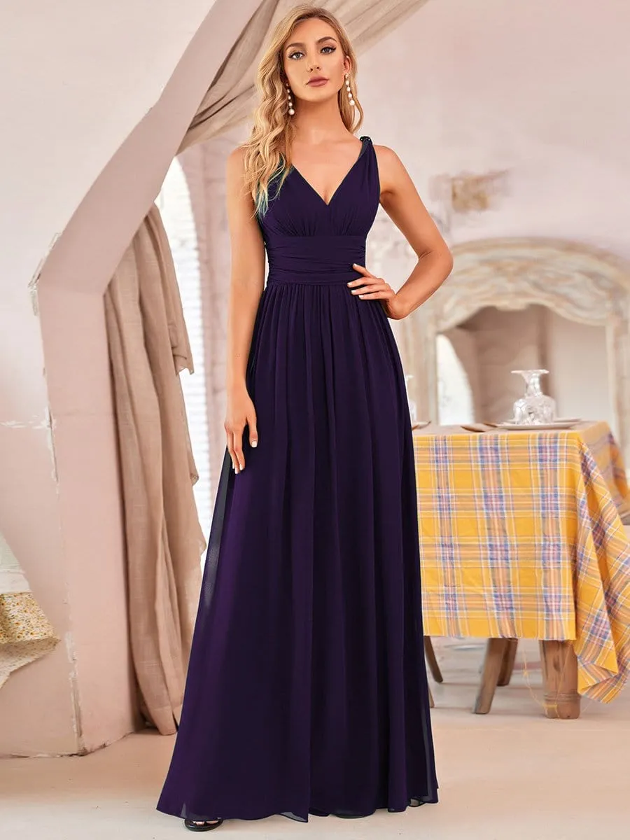 Sleeveless V-Neck Plain Maxi Chiffon Bridesmaid Dress