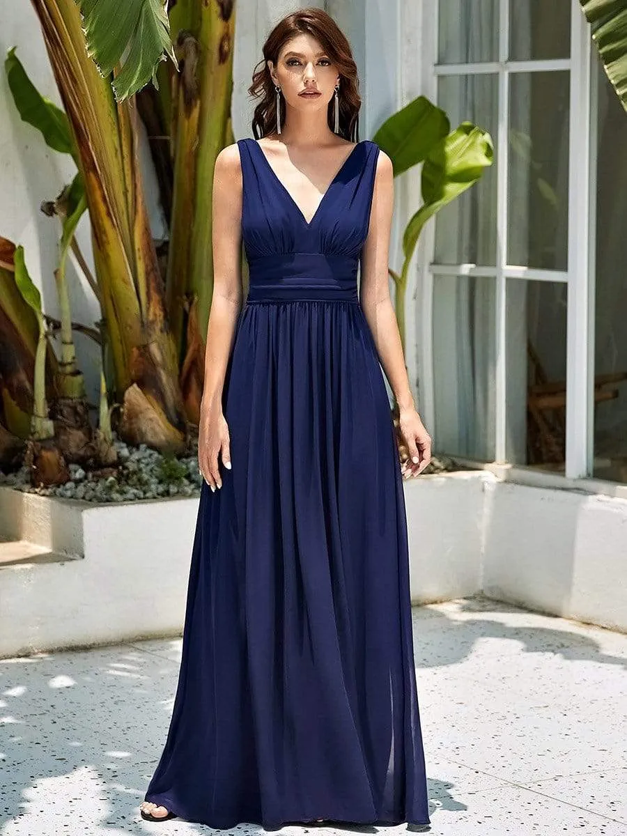 Sleeveless V-Neck Plain Maxi Chiffon Bridesmaid Dress