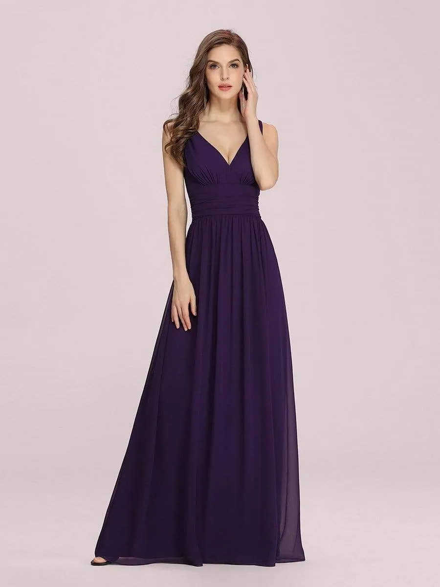 Sleeveless V-Neck Plain Maxi Chiffon Bridesmaid Dress