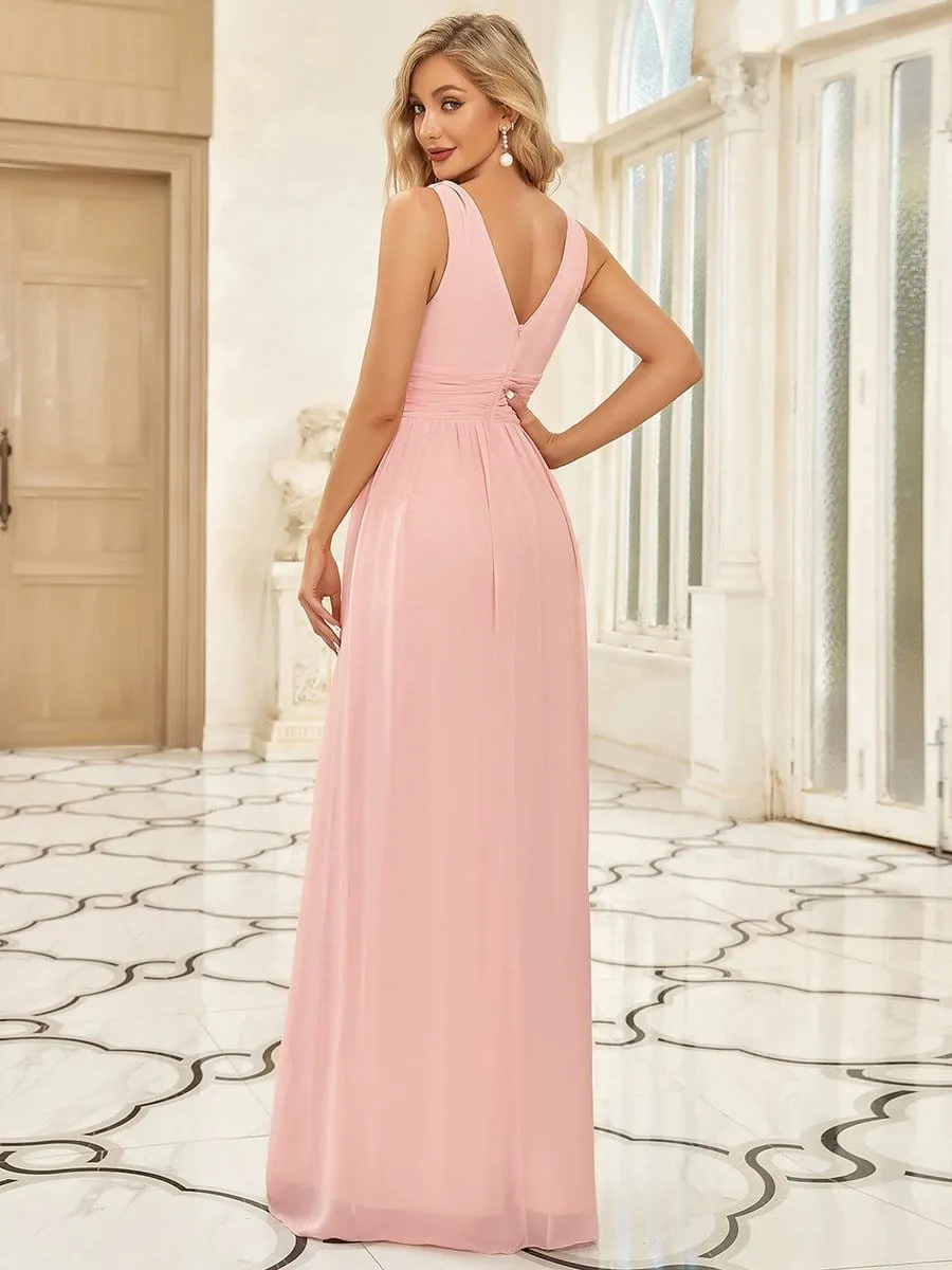 Sleeveless V-Neck Plain Maxi Chiffon Bridesmaid Dress