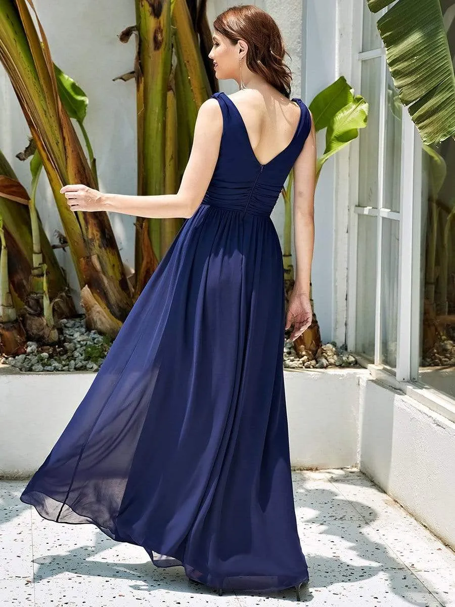 Sleeveless V-Neck Plain Maxi Chiffon Bridesmaid Dress