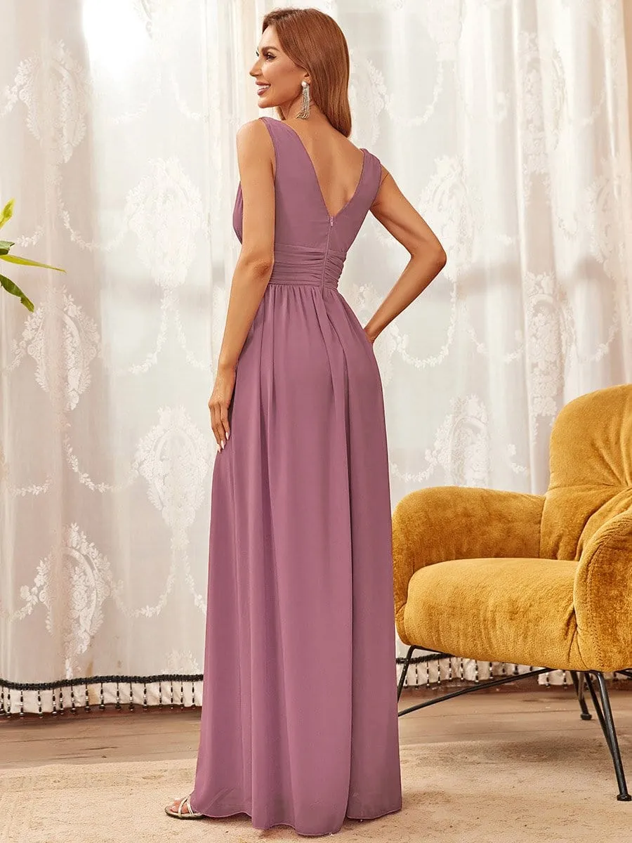 Sleeveless V-Neck Plain Maxi Chiffon Bridesmaid Dress