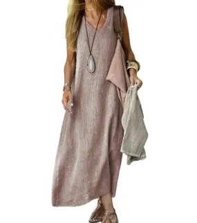 Sleevles Summer Casual Dresses, Color Grey-Purple, Blended Linen, V-nick, Maxi, With Pocket