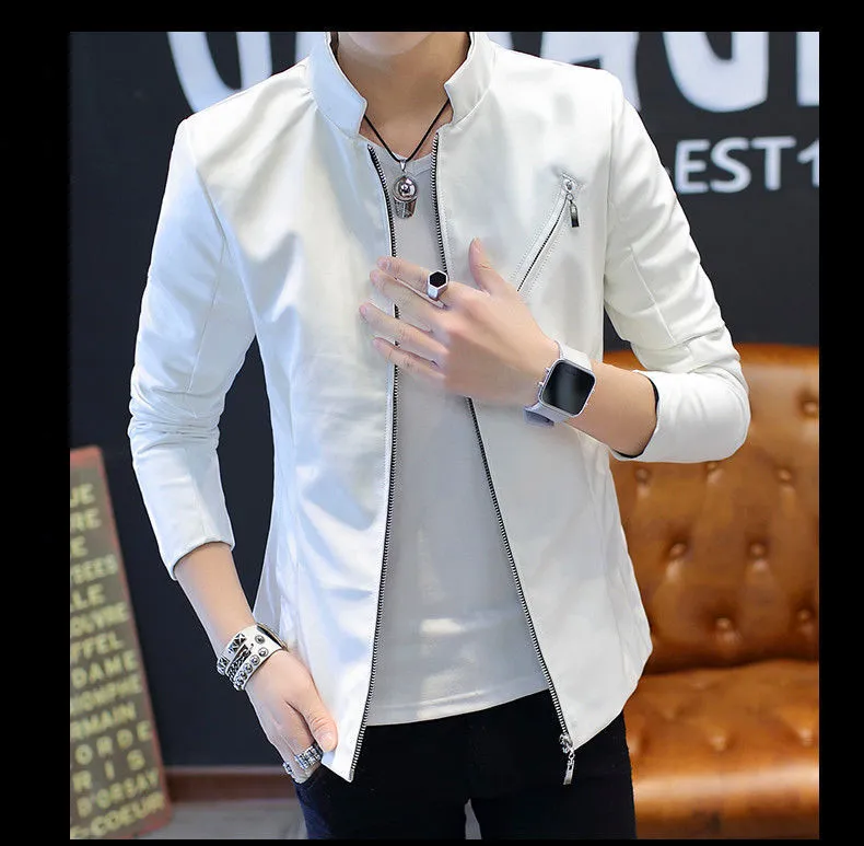 Slim Trendy Youth Stand Collar Leather Jacket Coat