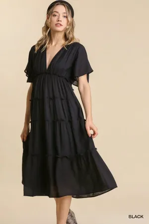 Smocked Short Sleeve V-Neck Textured Tiered Maxi Dress with lining