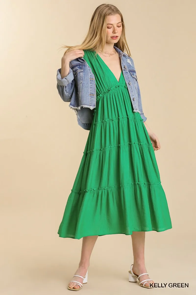 Smocked Short Sleeve V-Neck Textured Tiered Maxi Dress with lining