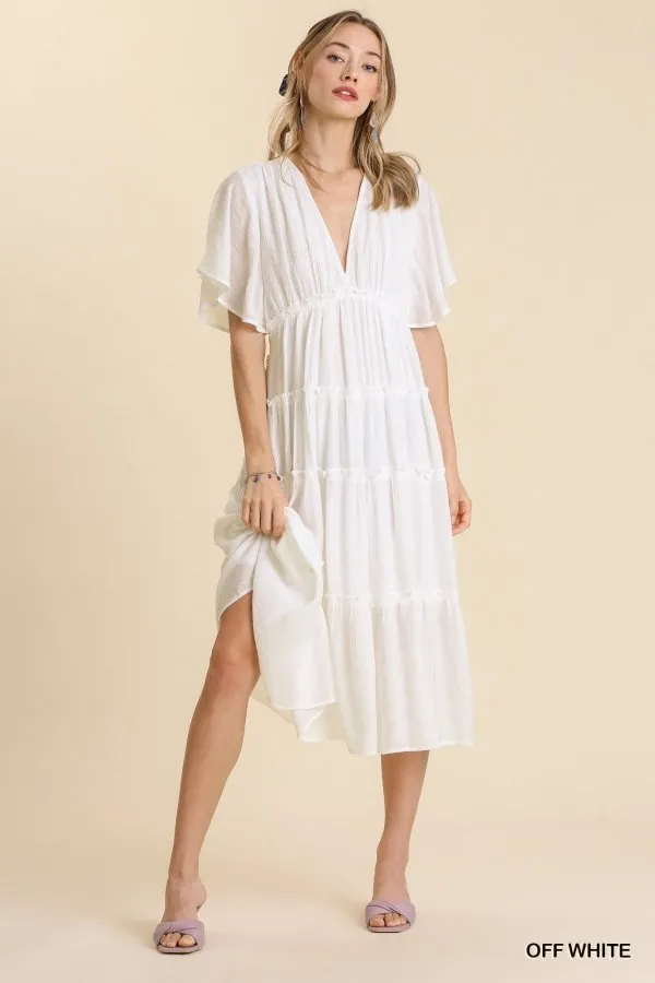 Smocked Short Sleeve V-Neck Textured Tiered Maxi Dress with lining