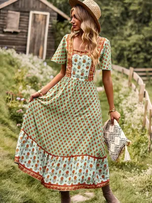 Square Neck Short Sleeves Bohemian Floral Printed Maxi Boho Dress