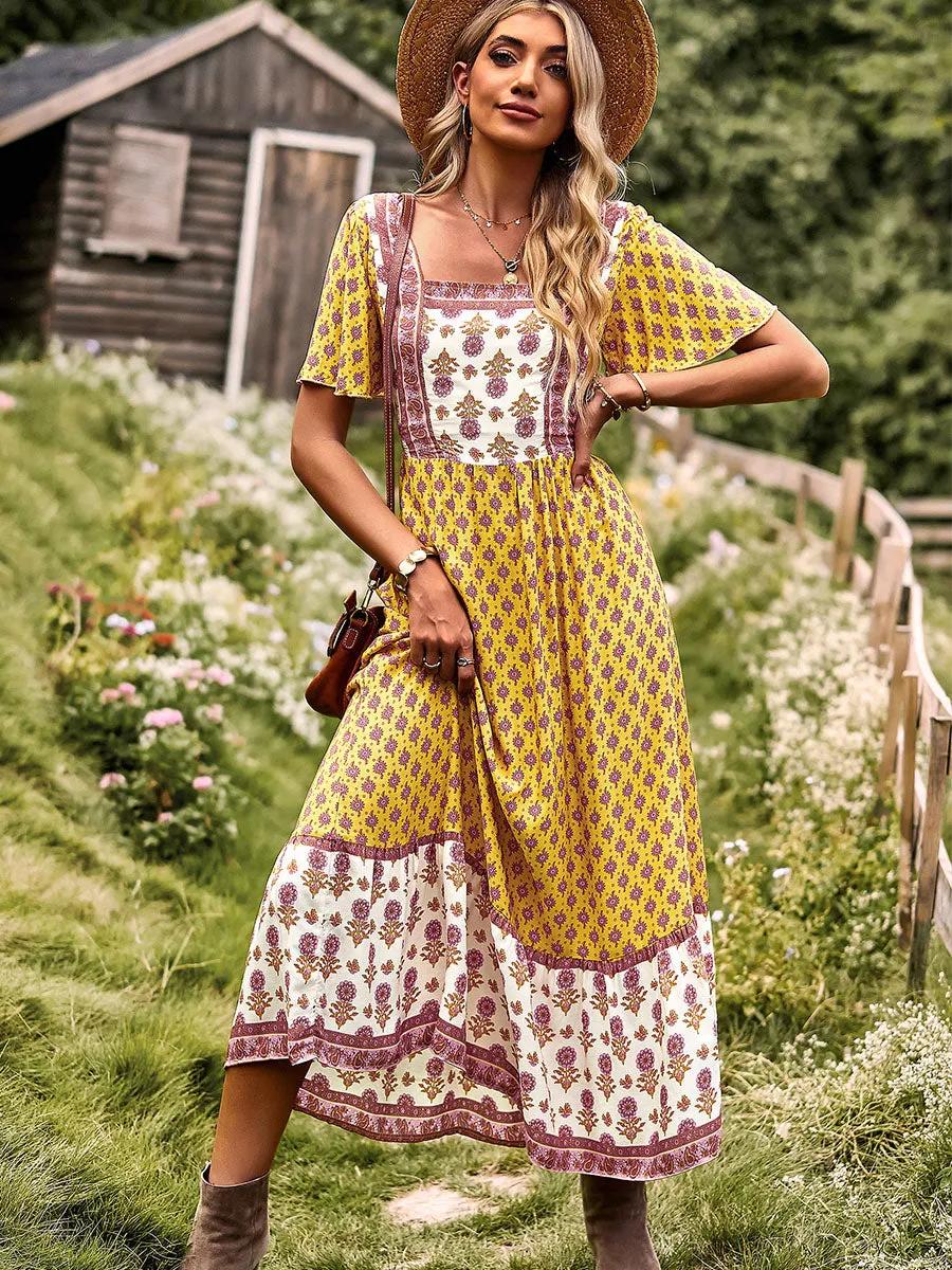 Square Neck Short Sleeves Bohemian Floral Printed Maxi Boho Dress