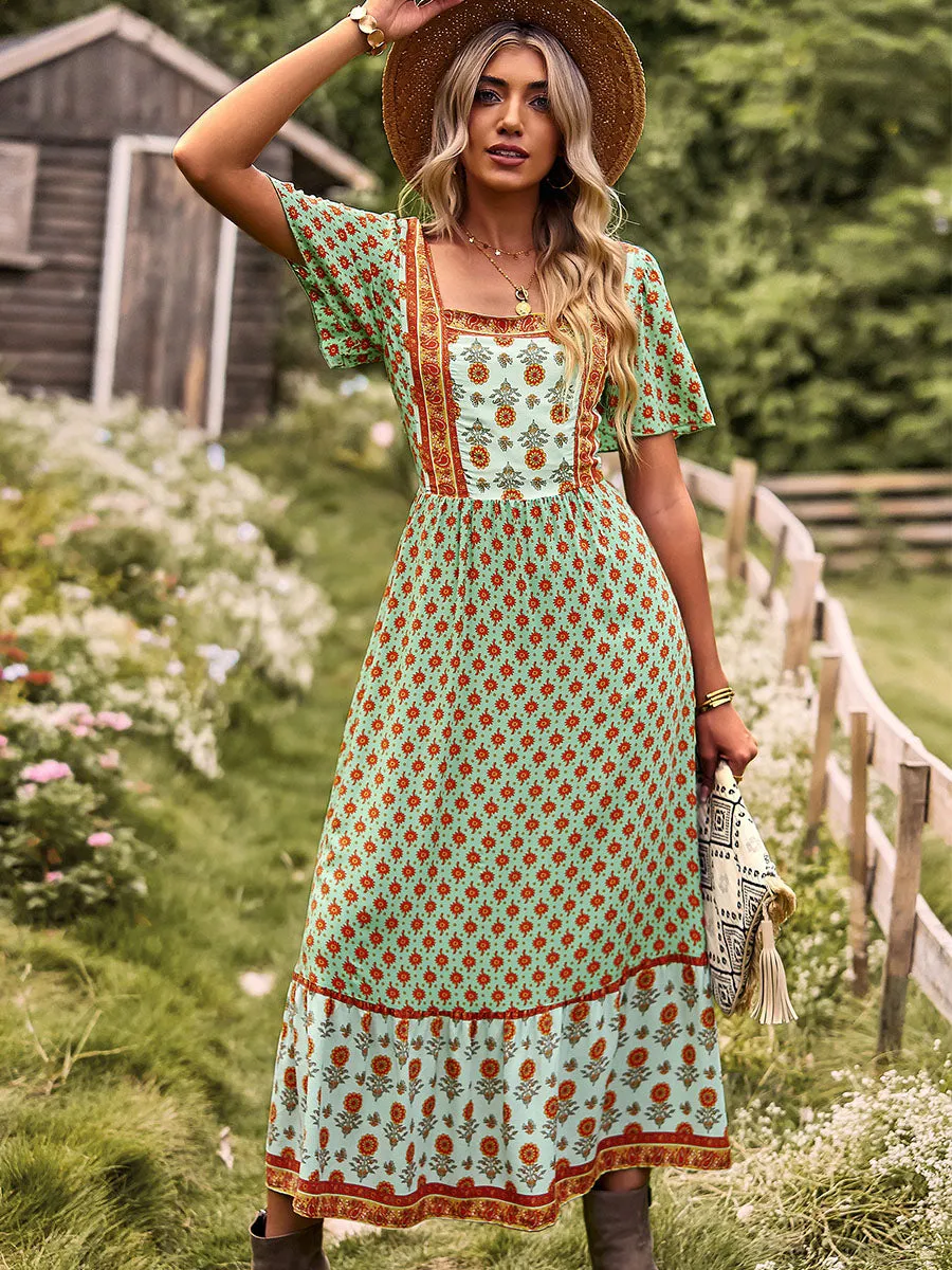 Square Neck Short Sleeves Bohemian Floral Printed Maxi Boho Dress