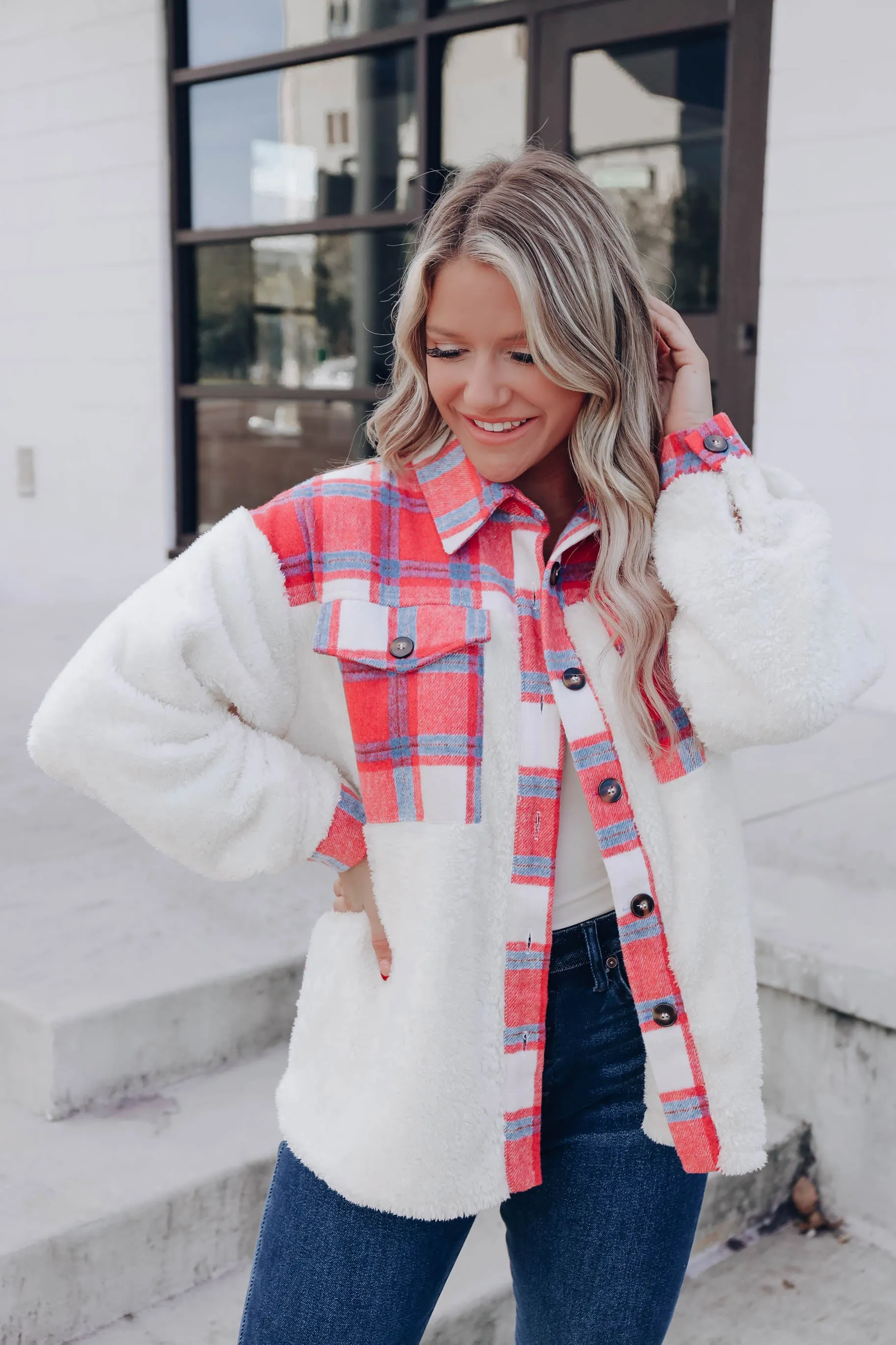 Stirling Contrast Fleece Jacket - Coral Plaid