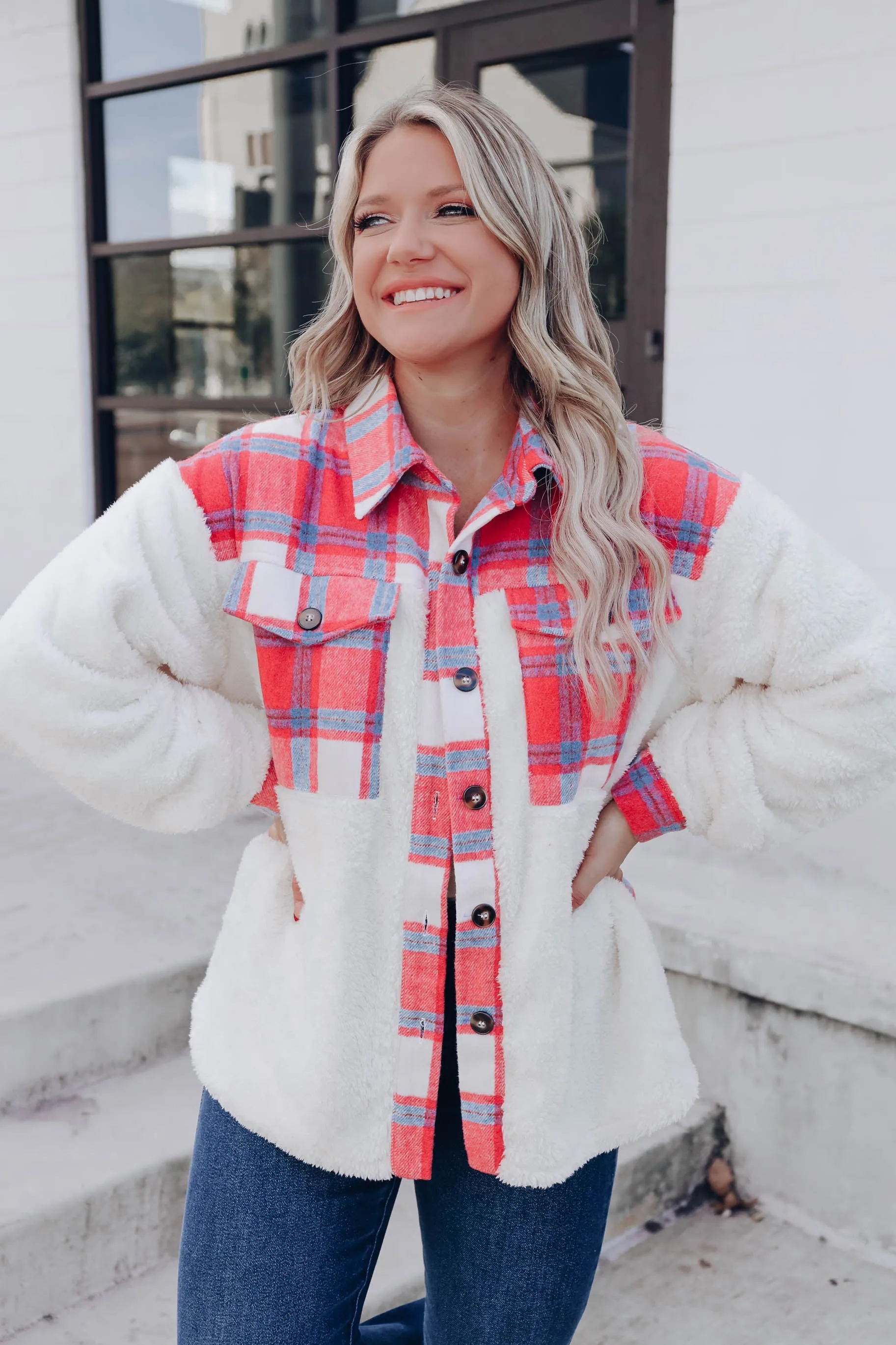 Stirling Contrast Fleece Jacket - Coral Plaid