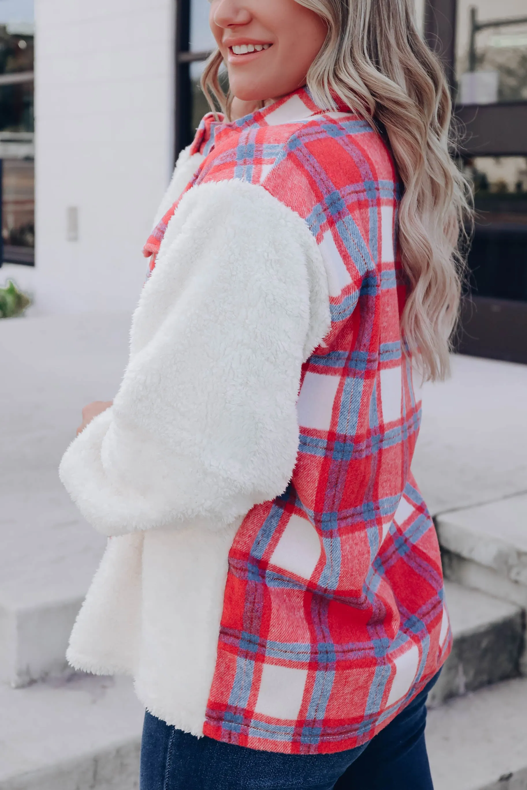 Stirling Contrast Fleece Jacket - Coral Plaid