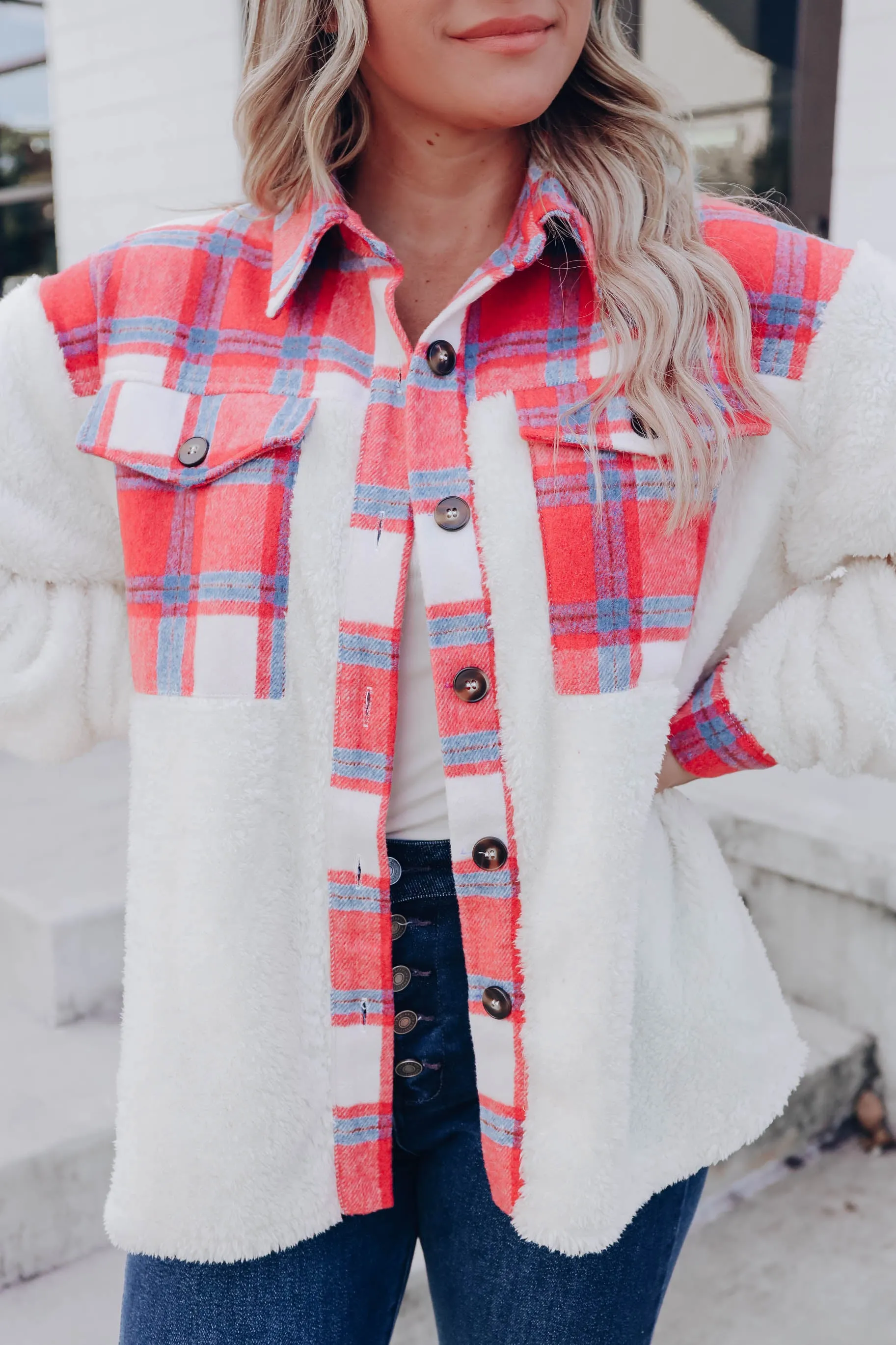 Stirling Contrast Fleece Jacket - Coral Plaid