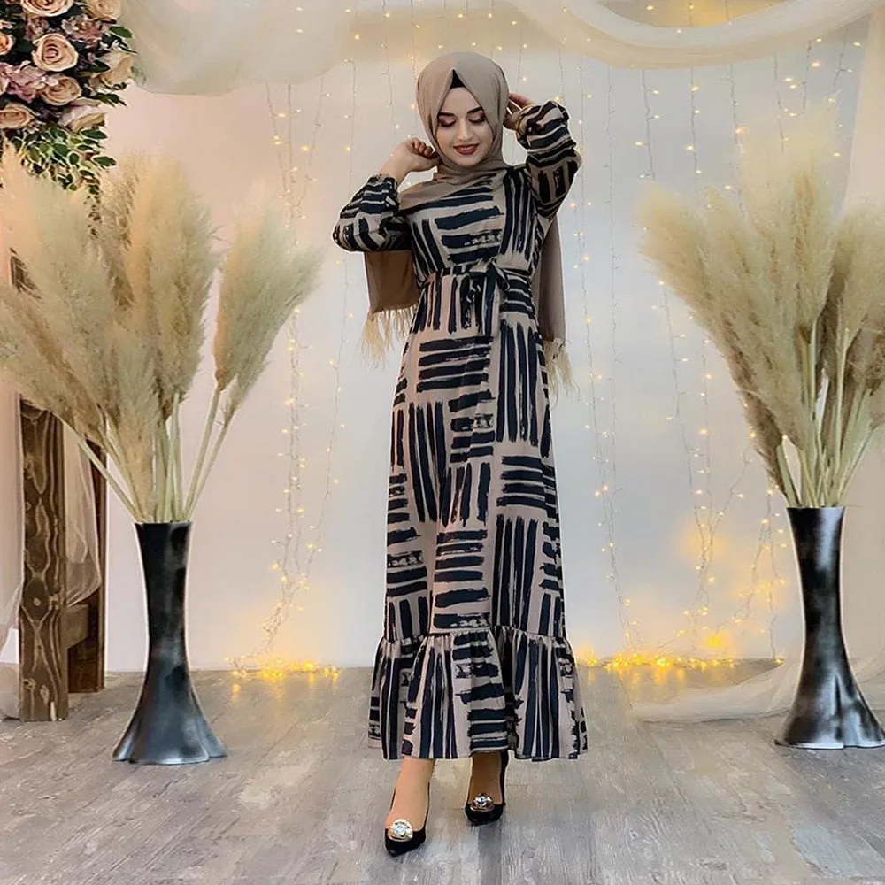 Striped Tie Waist Long Sleeve Abaya Dress