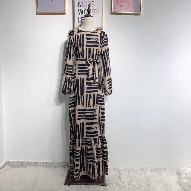 Striped Tie Waist Long Sleeve Abaya Dress