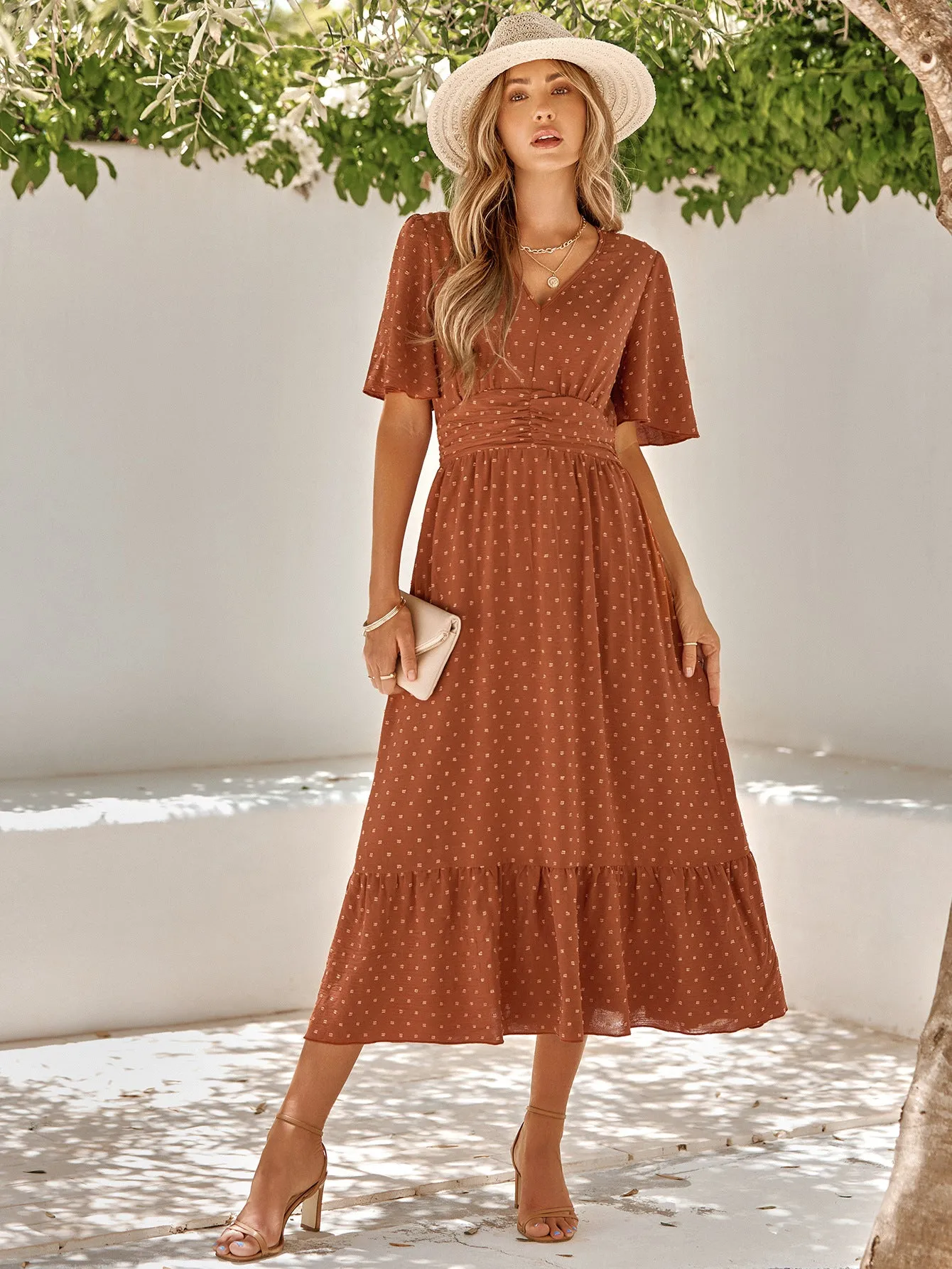 Summer New V-Neck Ruffle Sleeve Solid Color Maxi Dress