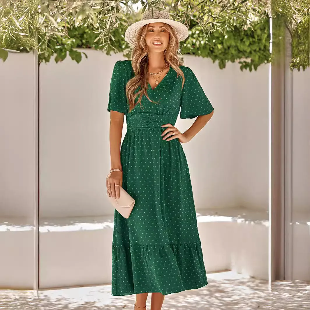 Summer New V-Neck Ruffle Sleeve Solid Color Maxi Dress