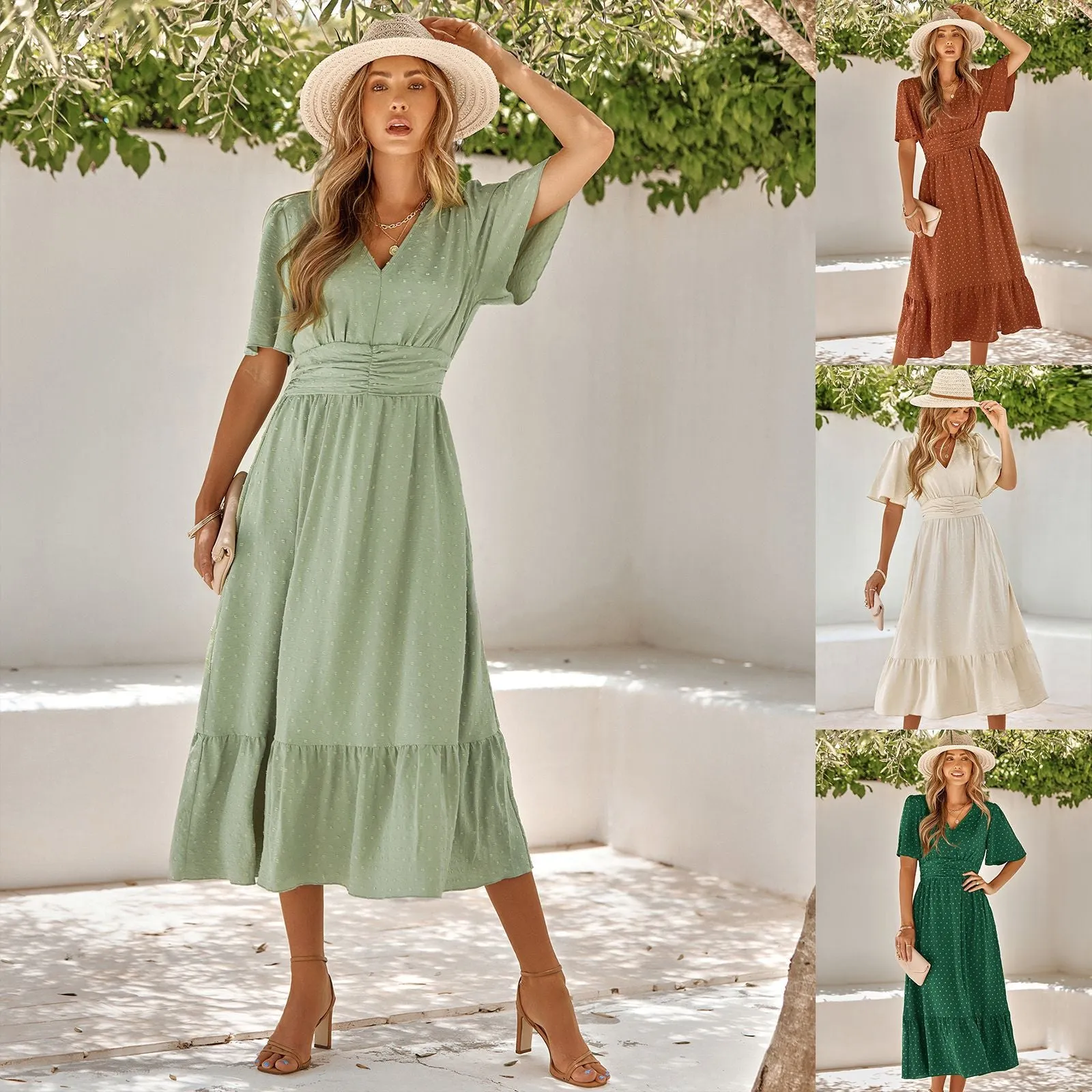 Summer New V-Neck Ruffle Sleeve Solid Color Maxi Dress