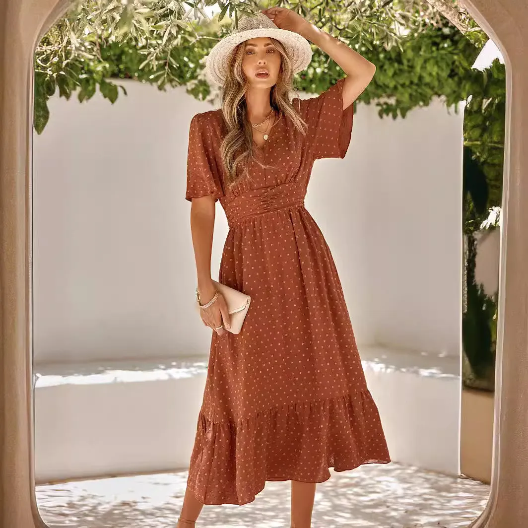 Summer New V-Neck Ruffle Sleeve Solid Color Maxi Dress