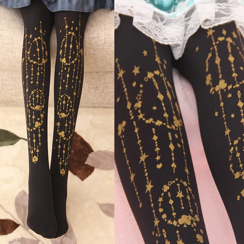 Sweet Mori Girl Tights Falling Poker Patterned Lolita Pantyhose for Women