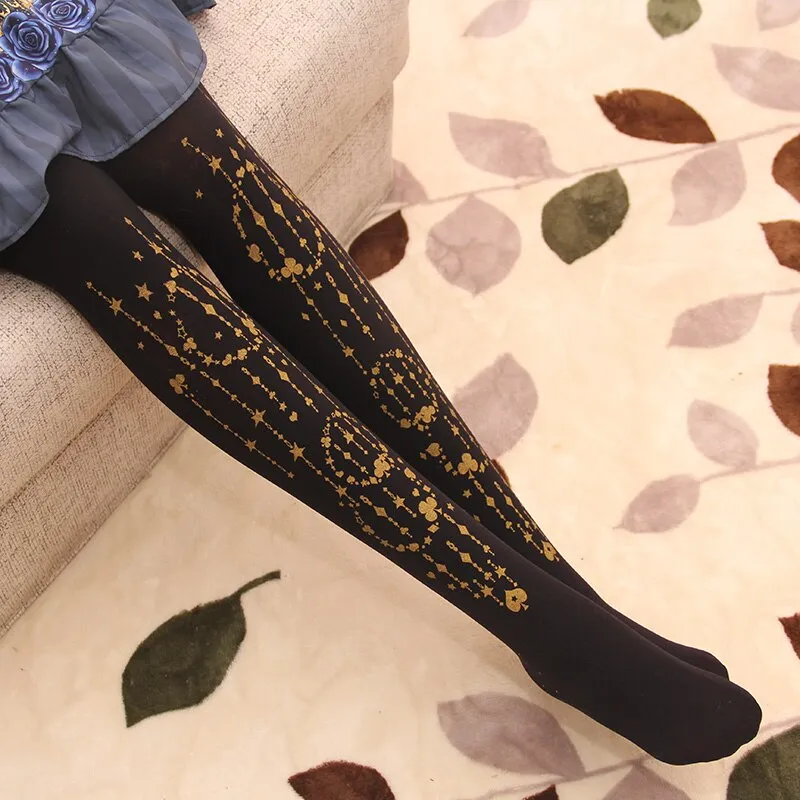 Sweet Mori Girl Tights Falling Poker Patterned Lolita Pantyhose for Women