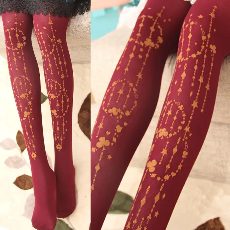 Sweet Mori Girl Tights Falling Poker Patterned Lolita Pantyhose for Women