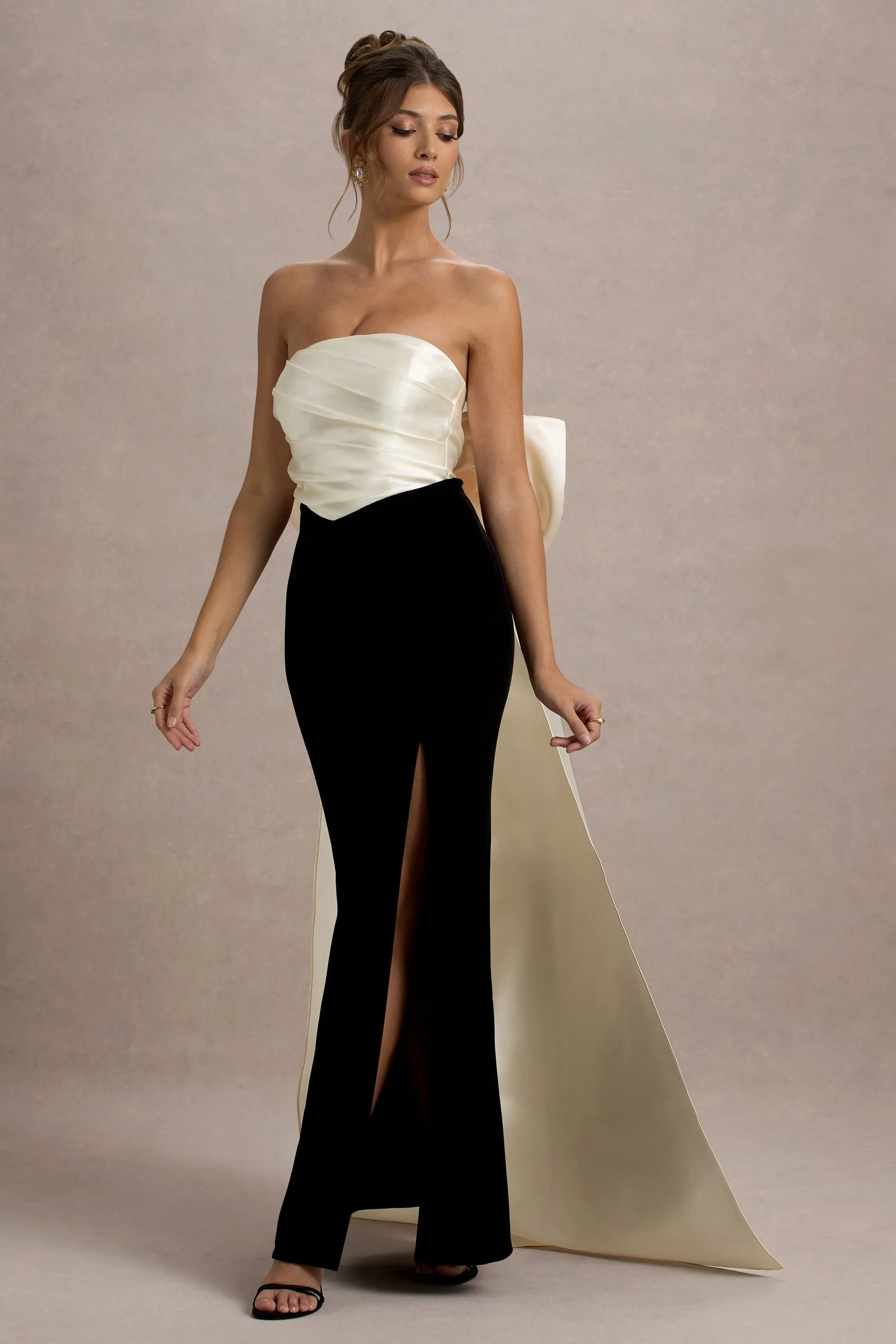 Take A Bow | Black & Cream Velvet Strapless Maxi Dress With Oversized Bow